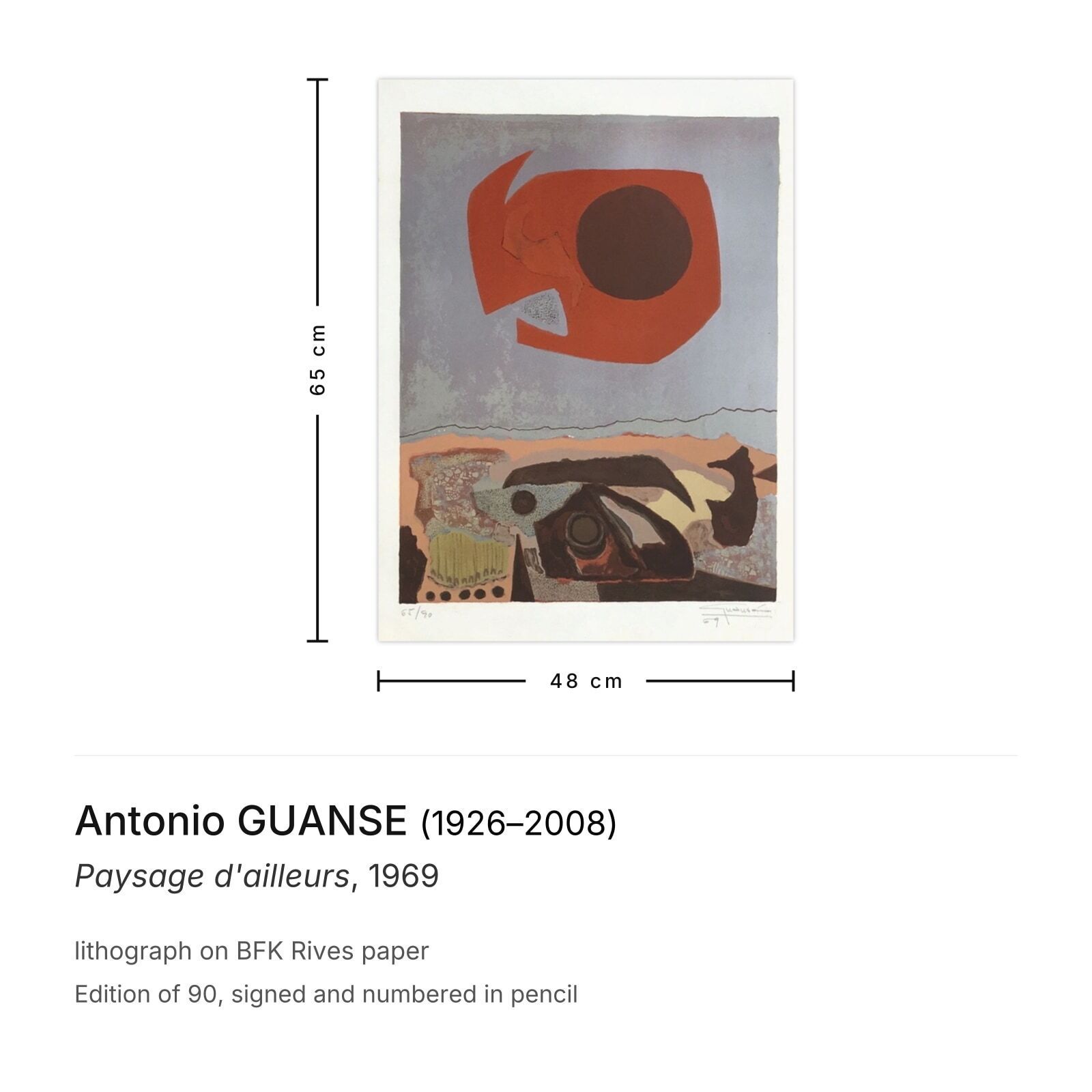 Antonio Guanse Gesigneerde Lithografie Paysage D'ailleurs 1969 photo furniture