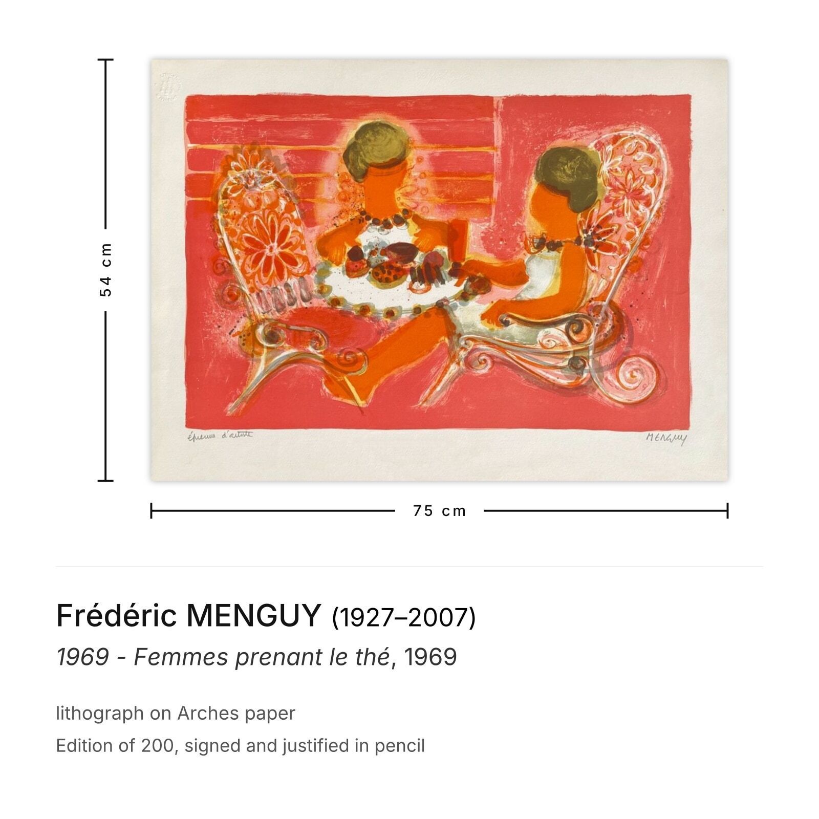 Frédéric Menguy Gesigneerde Lithografie 1969 Femmes Prenant Le Thé photo furniture