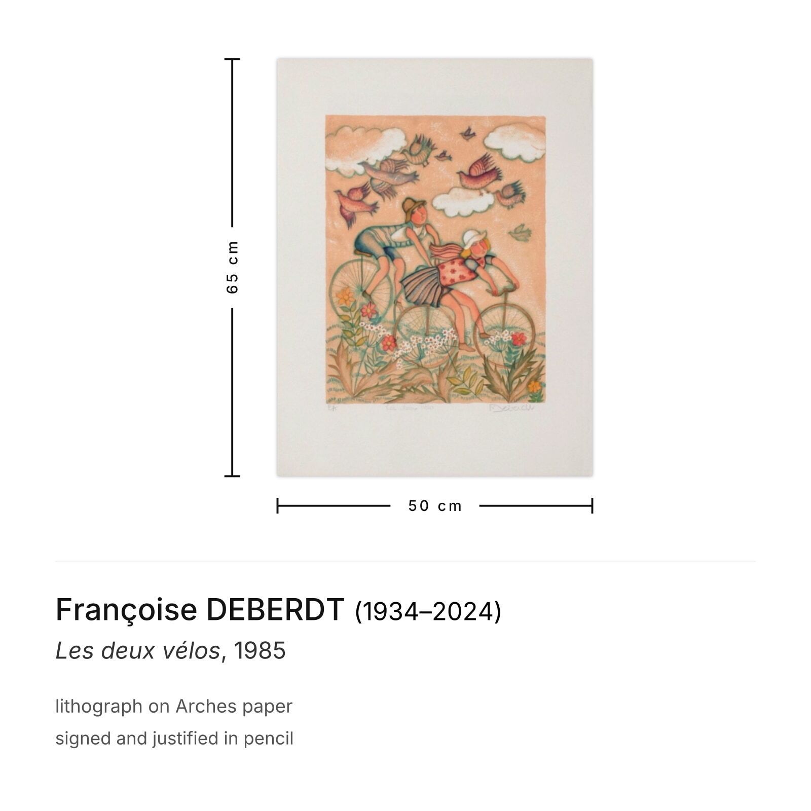 Françoise Deberdt Gesigneerde Lithografie Les Deux Vélos 1985 photo furniture