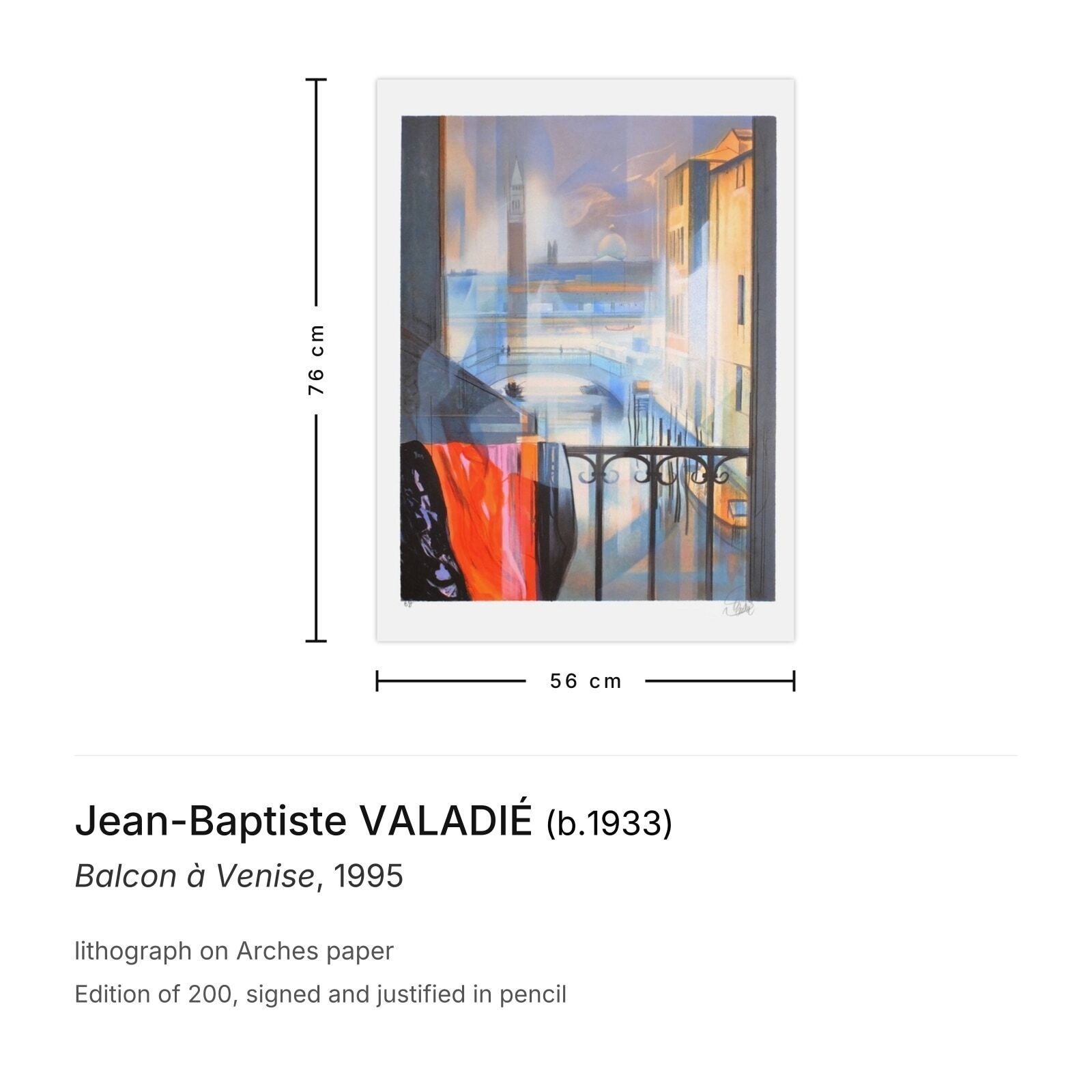Jean Baptiste Valadié gesigneerde lithografie Balcon à Venise 1995 photo furniture