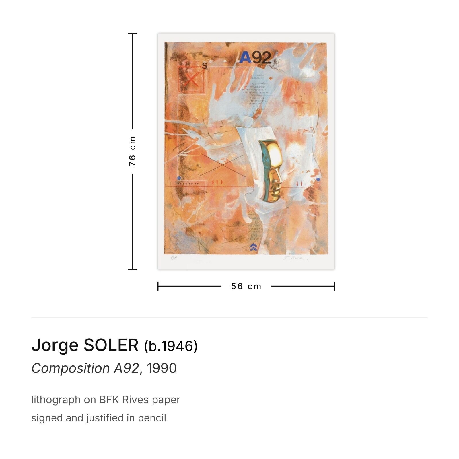 Jorge Soler Gesigneerde Lithografie Compositie A92 1990 photo furniture