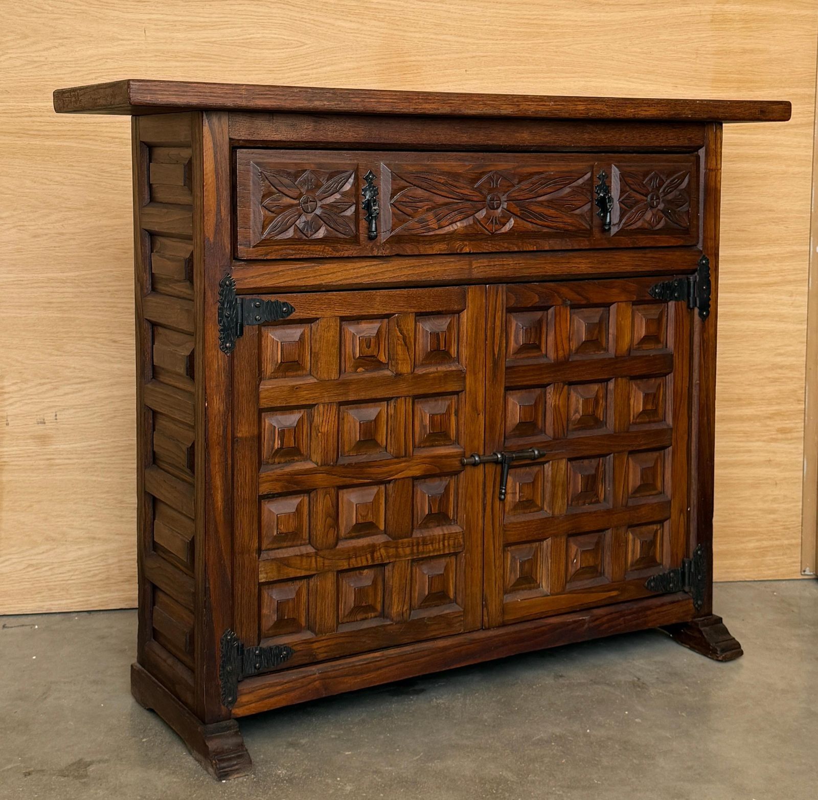 Antique Spanish Carved Walnut Cabinet With Drawer And Two Doors photo furniture