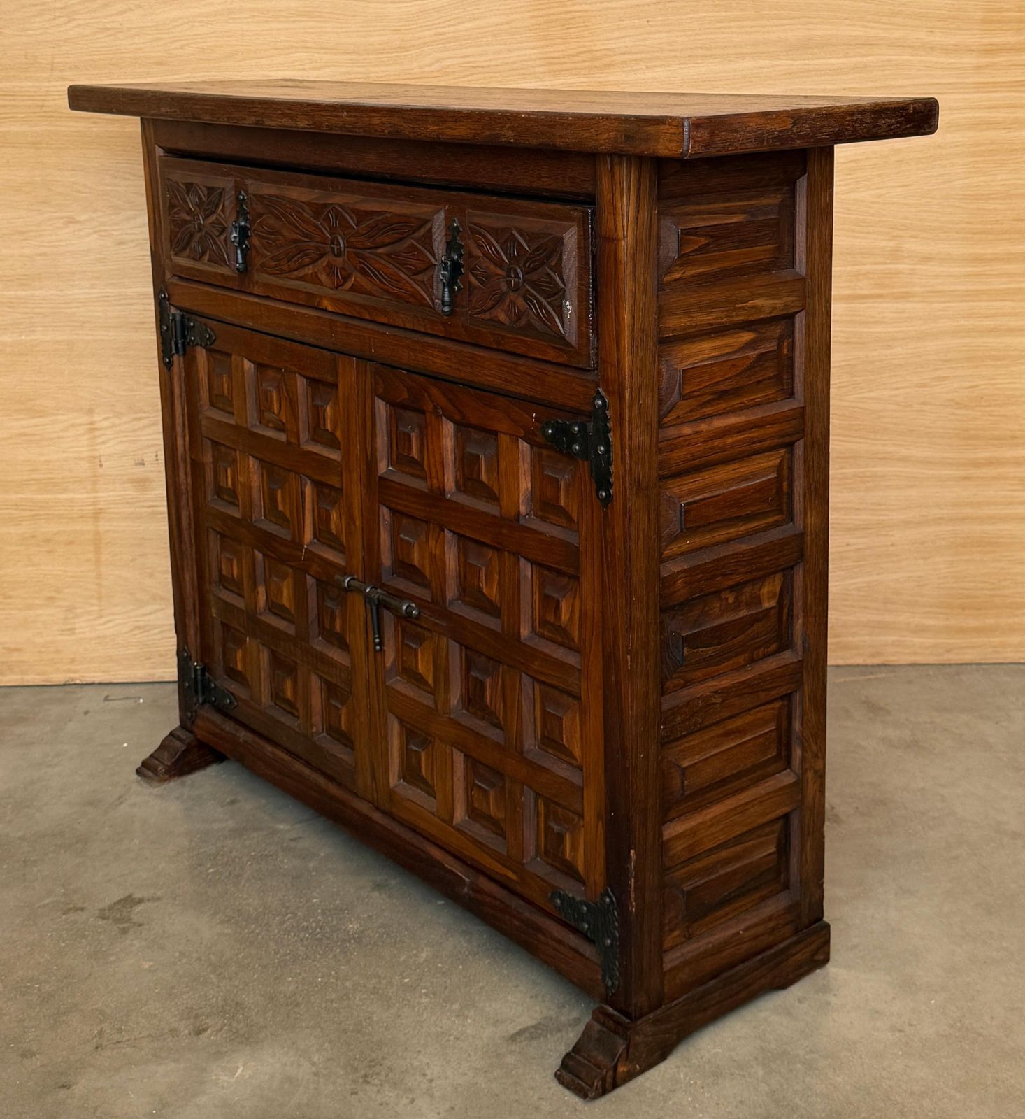 Antique Spanish Carved Walnut Cabinet With Drawer And Two Doors photo Furniture