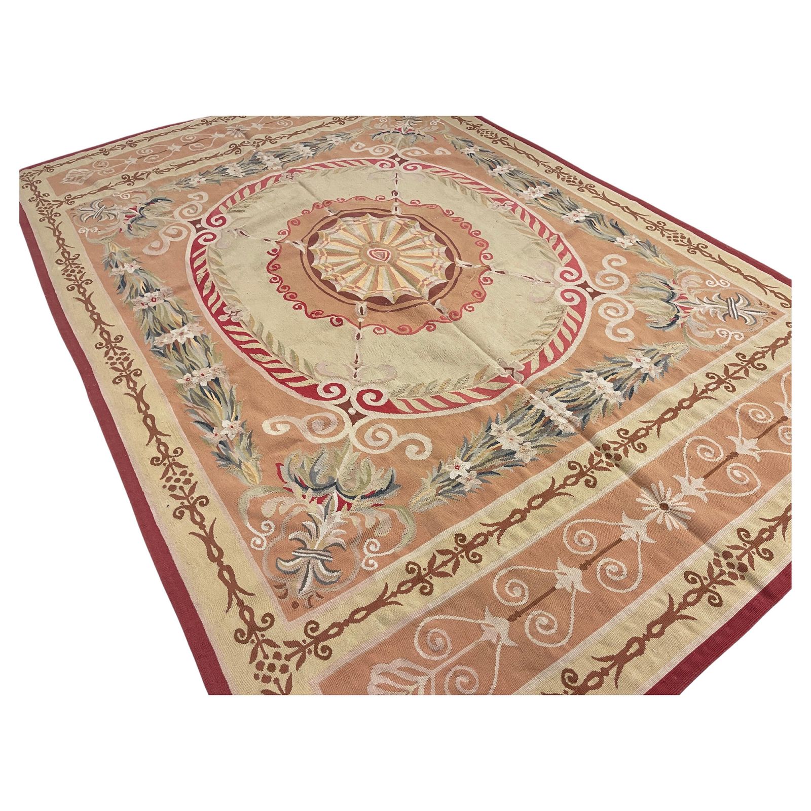 Exceptional Rug Handmade Aubusson Rug French Carpet Vintage Rust Beige Wool Rugs photo furniture