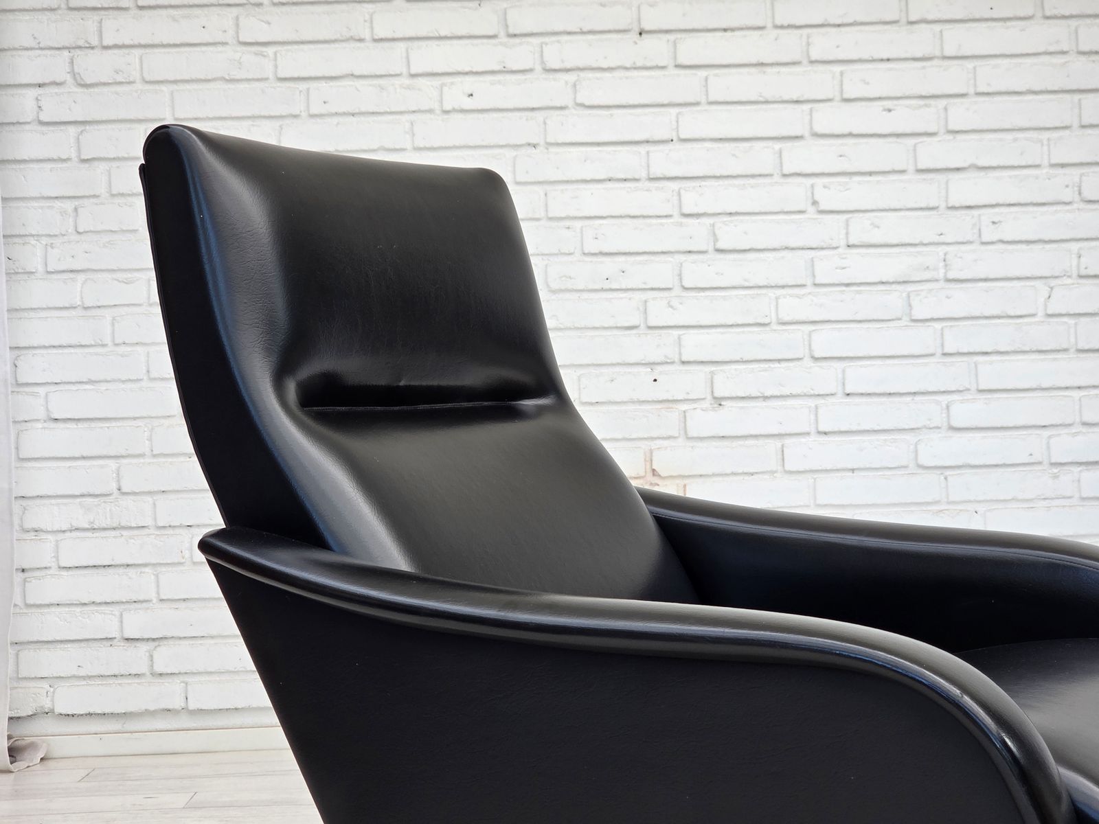 1970s, Danish Armchair, Black Artificial Leather, Teak Wood Legs. photo for sale