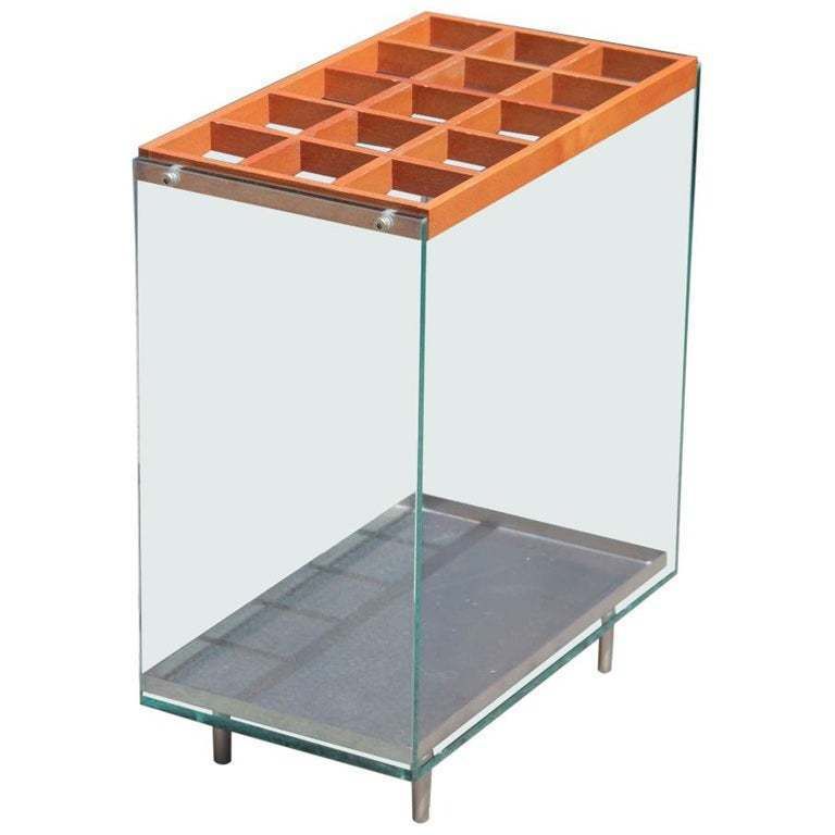 Rectangular Umbrella Stand Italian Design 1990 Fiam Wood Glass Steel