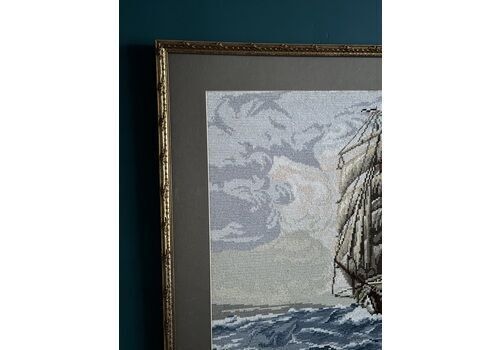 photo buy Large Vintage Wiehler Gobelin Tapestry "On High Seas" – Professionally Framed Mid Century Maritime Artwork