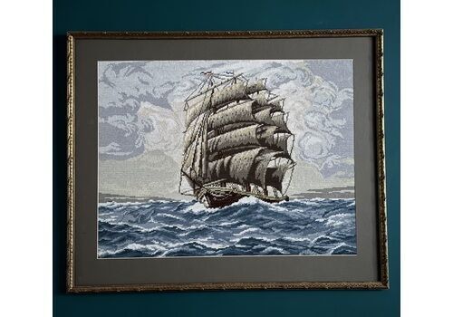 Large Vintage Wiehler Gobelin Tapestry "On High Seas" – Professionally Framed Mid Century Maritime Artwork