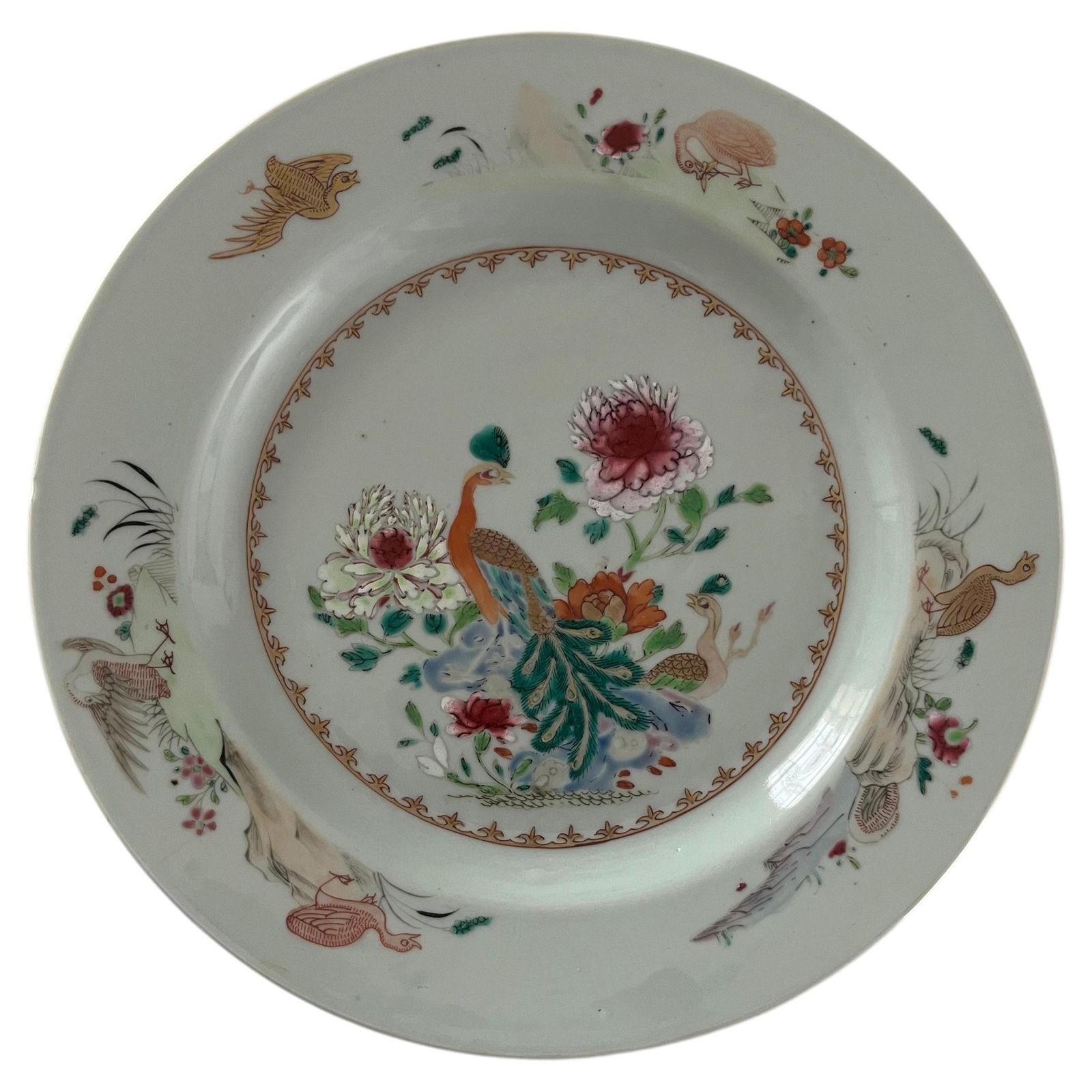 Hand Painted Chinese Porcelain Plate With Peacocks, Qing Yongzheng, Circa 1730