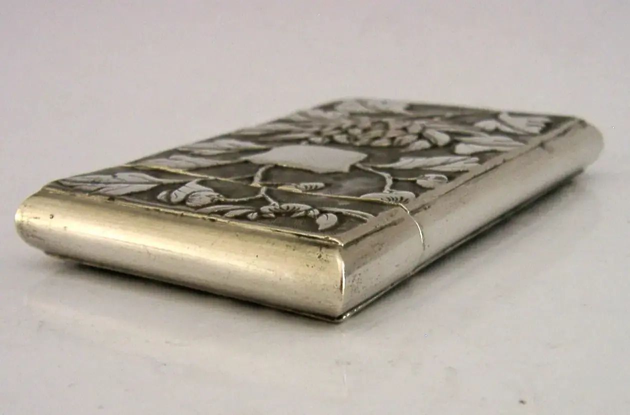 Stunning Chinese Export Silver Card Case C1890 Antique Bird Chrysanthemum photo buy