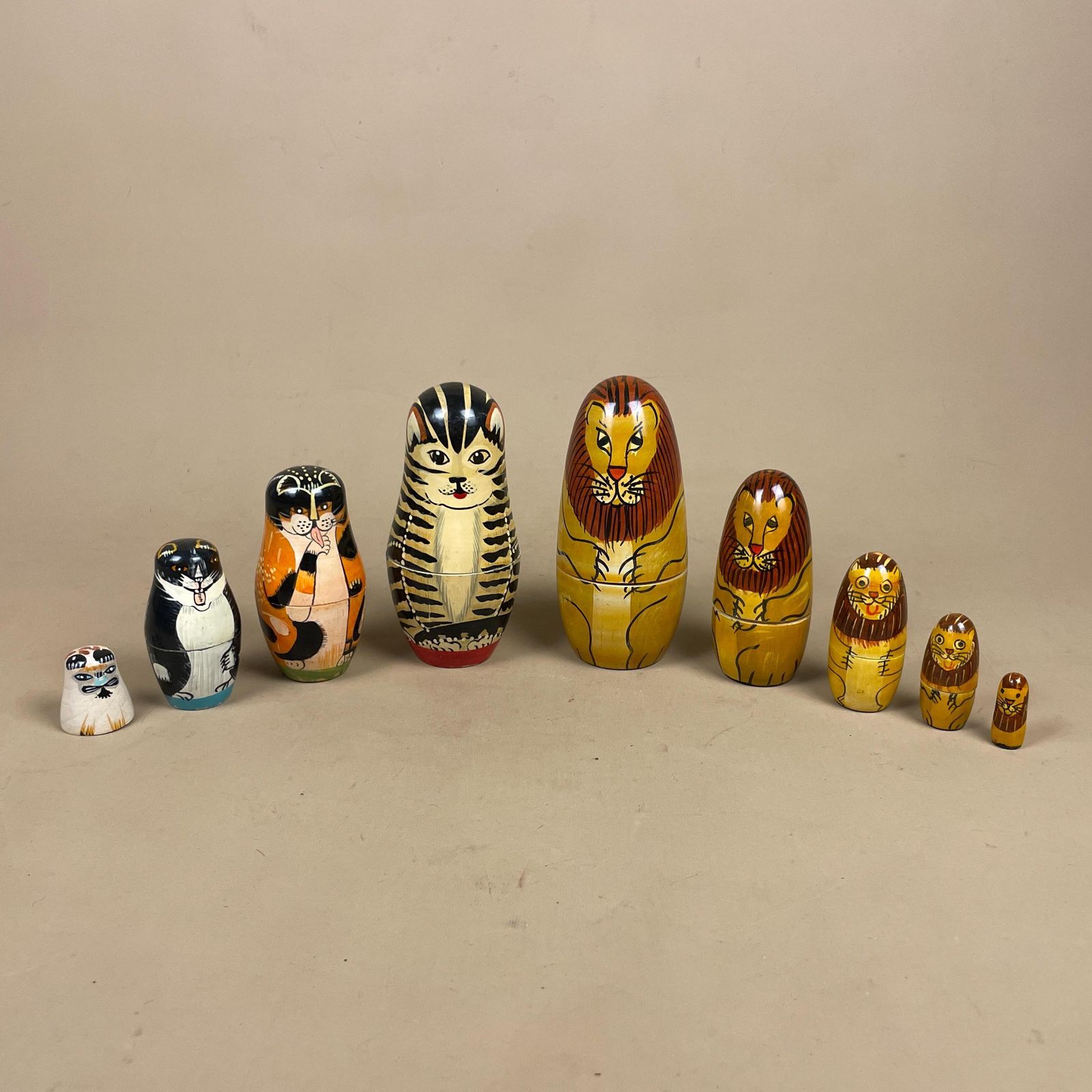 Nesting Dolls Wooden Vintage   Lion And Cat Matryoshka Set   Hand Painted Stacking Animals Decor For Nursery Shelf And Cat Lover Gift