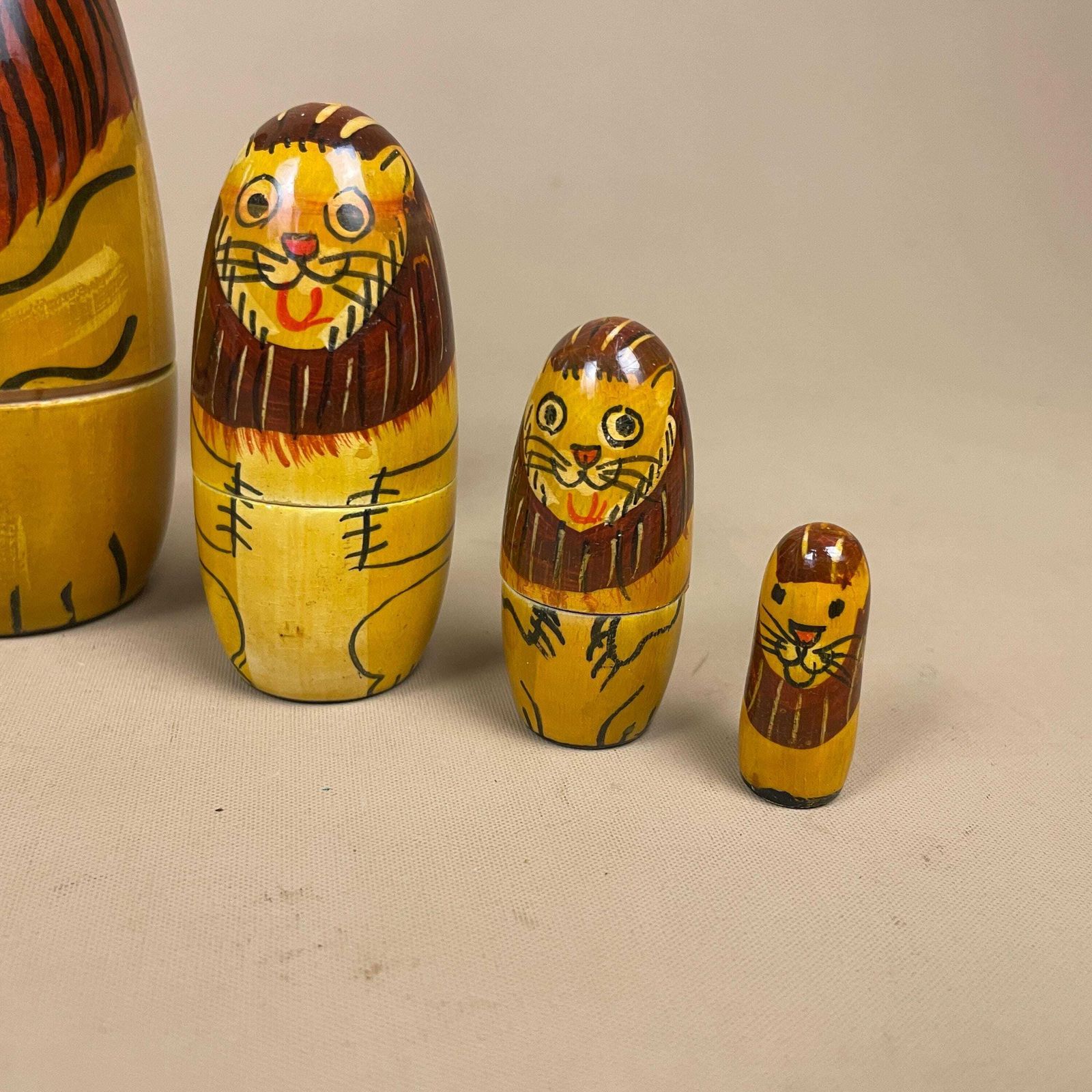 Nesting Dolls Wooden Vintage   Lion And Cat Matryoshka Set   Hand Painted Stacking Animals Decor For Nursery Shelf And Cat Lover Gift photo vinterior
