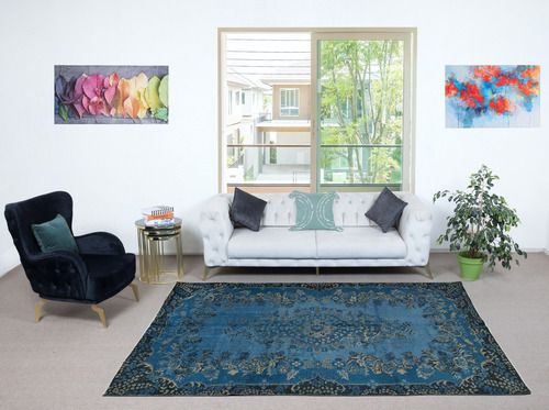 6.3x9.4 Ft Contemporary Medallion Design Area Rug In Blue, Handknotted In Turkey Tek1767 photo furniture