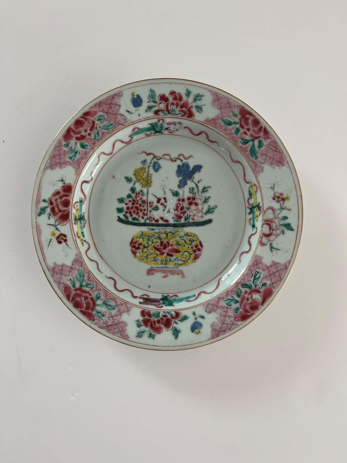 Chinese Porcelain Plate Famille Rose Flower Basket, Qing Yongzheng Circa 1730 photo Home Decor