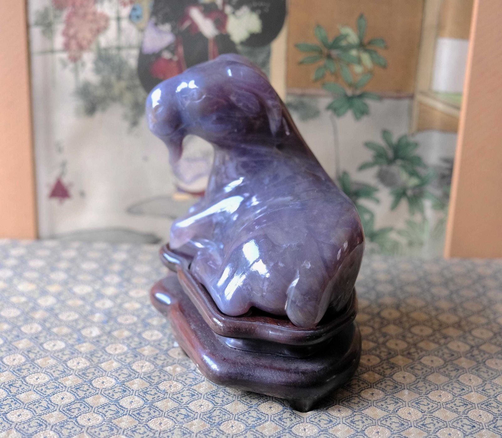 Antique Chinese Hardstone Carving Ram Sheep Goat, Purple Amethyst Quartz, Qing/Republic, Wood Stand photo vinterior