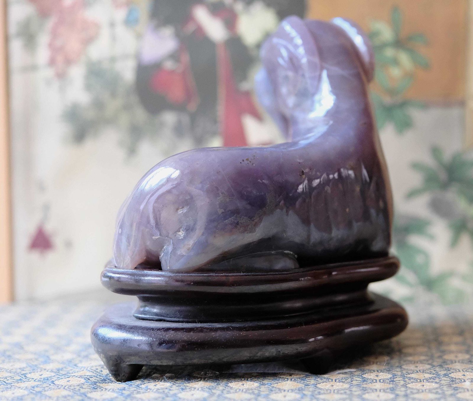photo for sale Antique Chinese Hardstone Carving Ram Sheep Goat, Purple Amethyst Quartz, Qing/Republic, Wood Stand