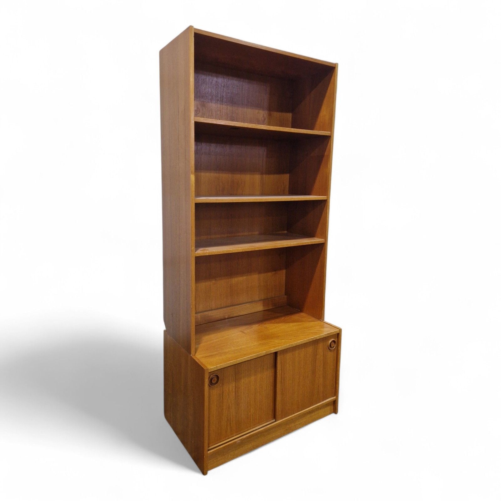 Vintage Teak Bookcase Cabinet Sliding Door Cupboard Mid Century Display Shelving photo furniture