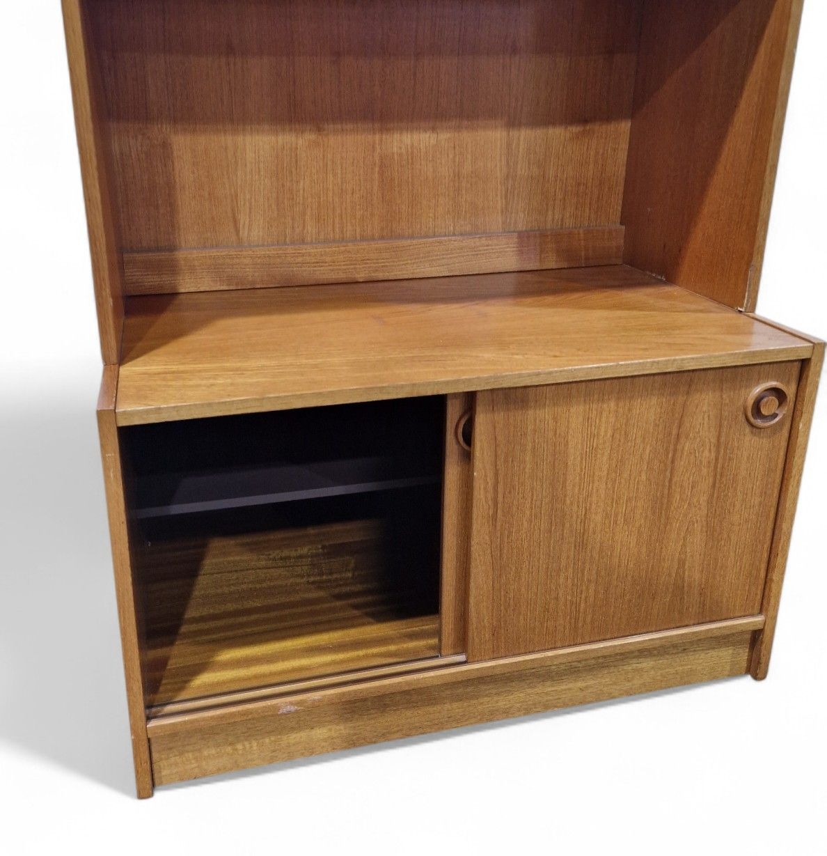 Furniture Vintage Teak Bookcase Cabinet Sliding Door Cupboard Mid Century Display Shelving photo