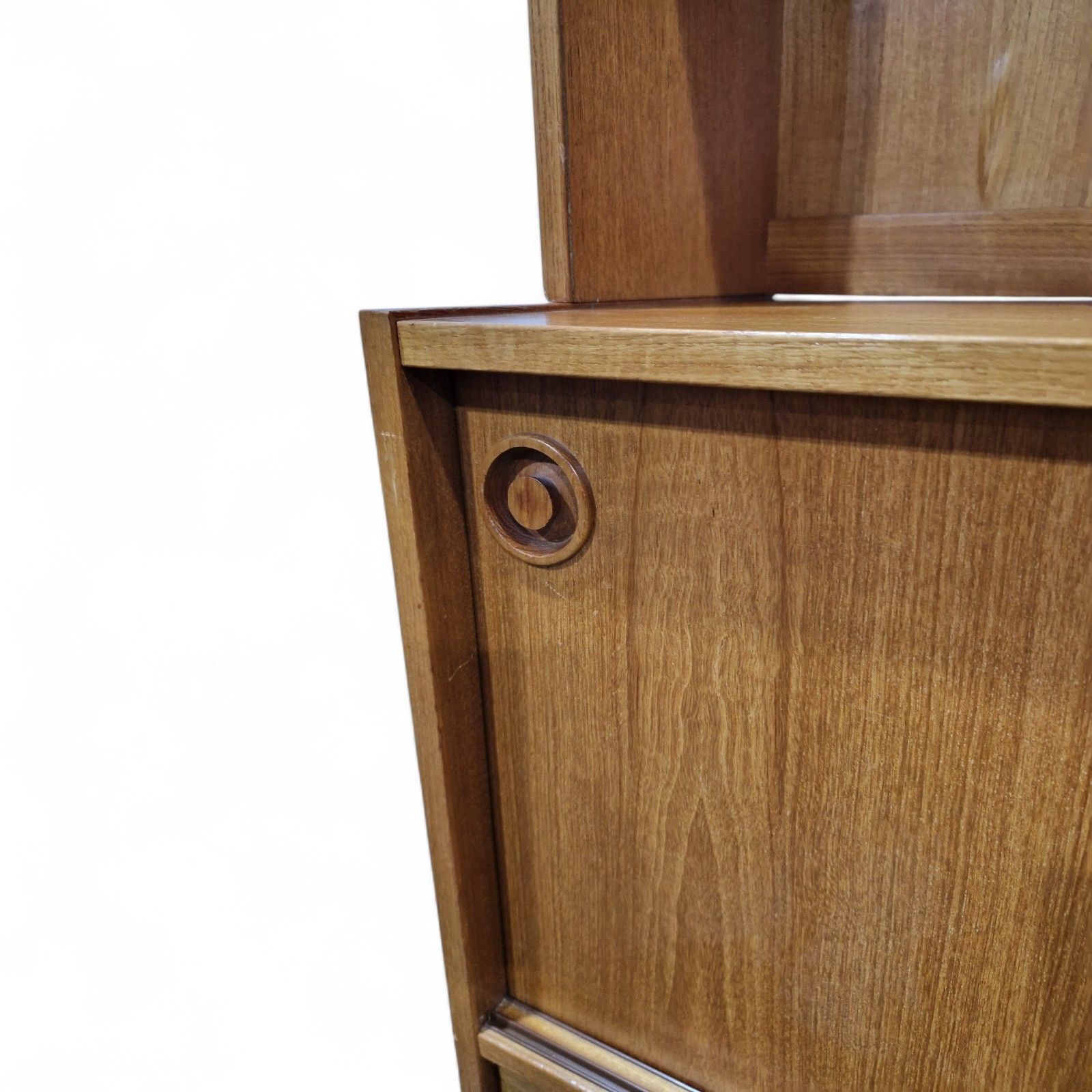 225.0 Vintage Teak Bookcase Cabinet Sliding Door Cupboard Mid Century Display Shelving photo