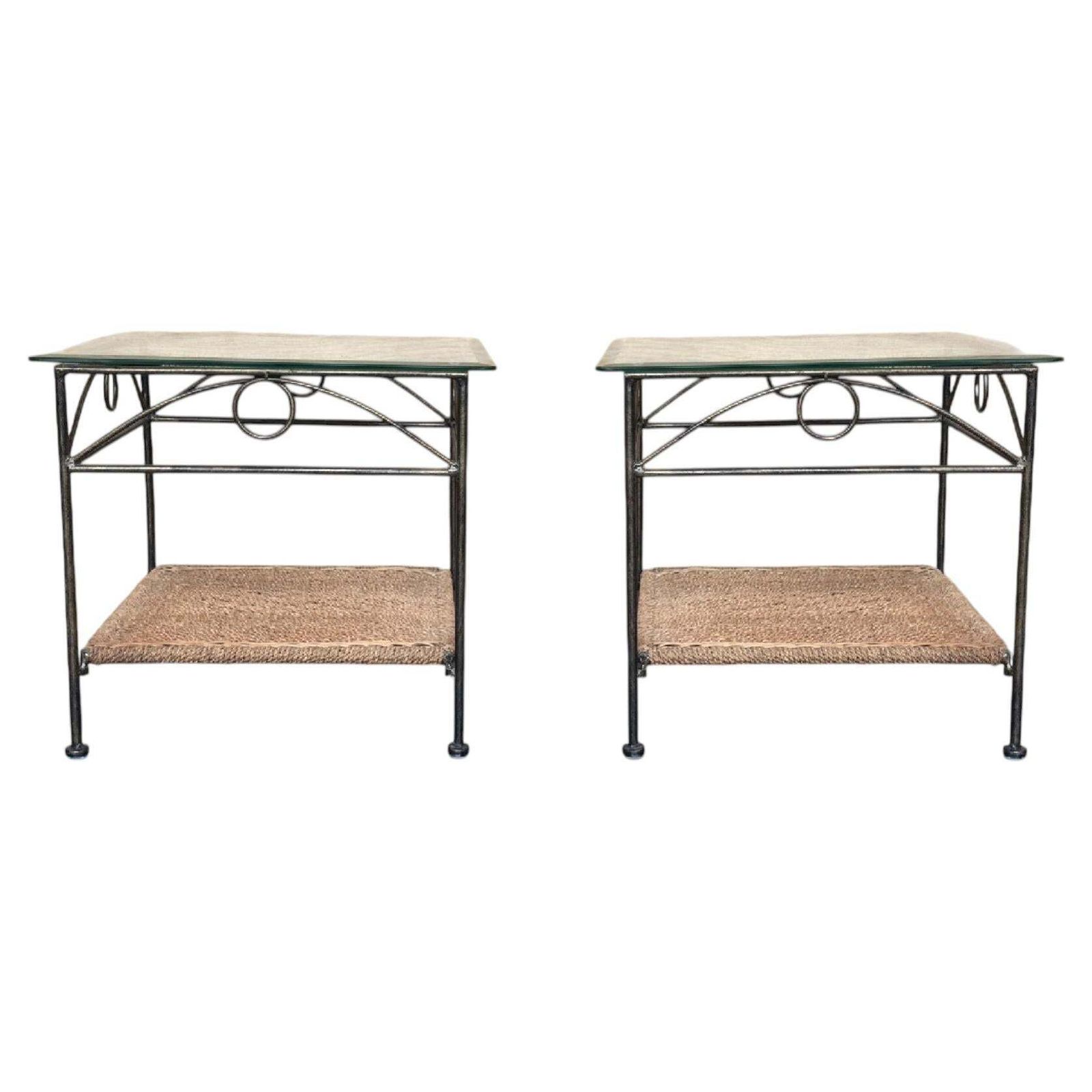 Pair Of Mid Century Modern Wrought Iron Side Tables With Glass Tops And Woven
