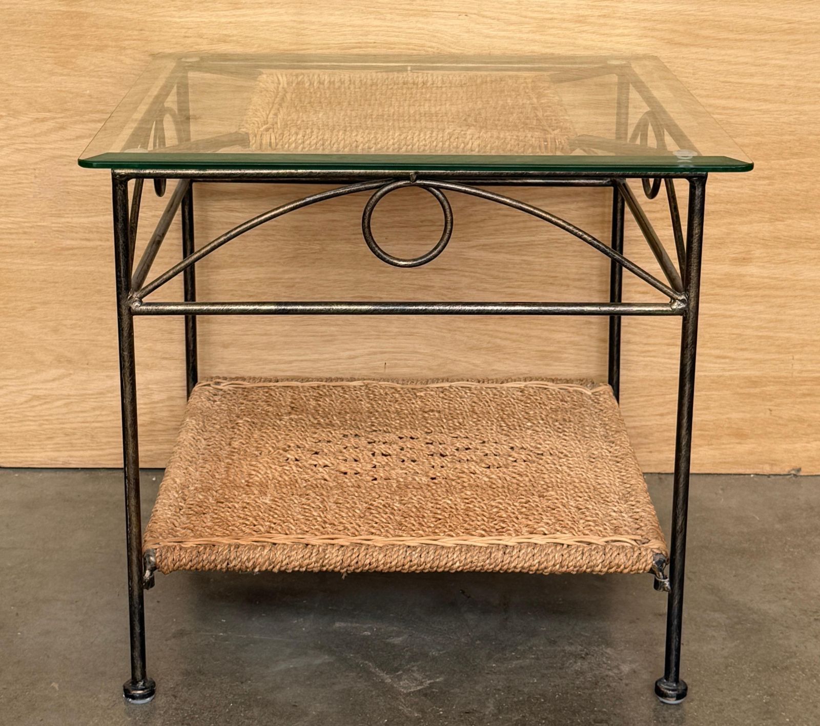Pair Of Mid Century Modern Wrought Iron Side Tables With Glass Tops And Woven photo for sale