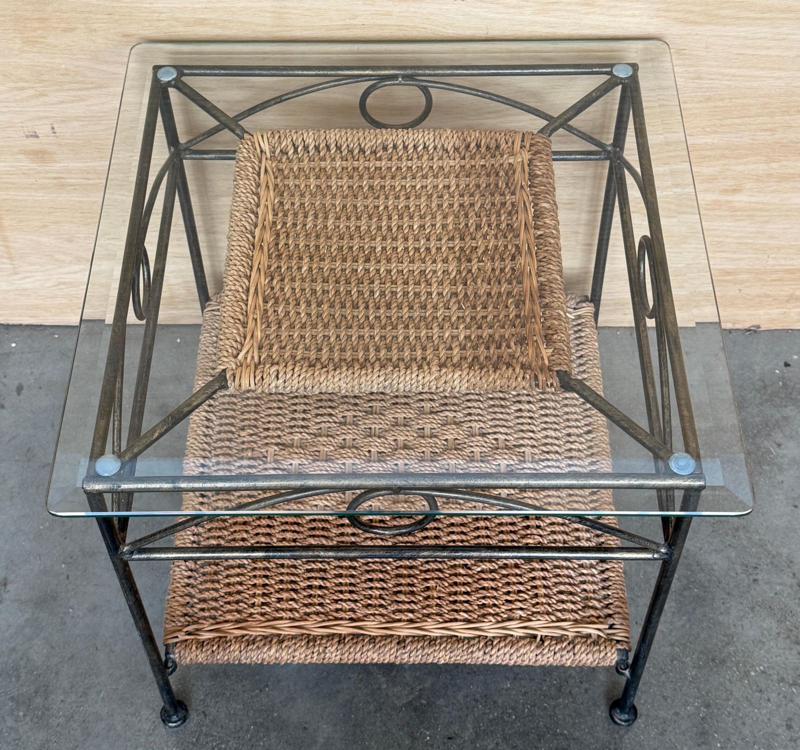 Pair Of Mid Century Modern Wrought Iron Side Tables With Glass Tops And Woven photo 1485.0