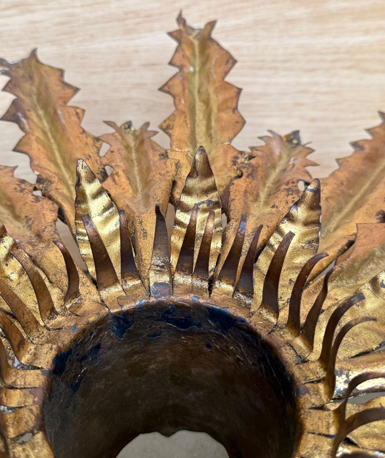 Vintage Gilt Metal Sunburst Ceiling Light For One Bulb photo for sale