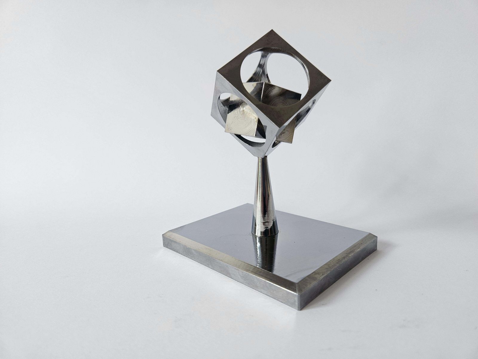 Rare Midcentury Chrome Paperweight, Model, Turners Cube, Desk Sculpture, 1970s photo buy