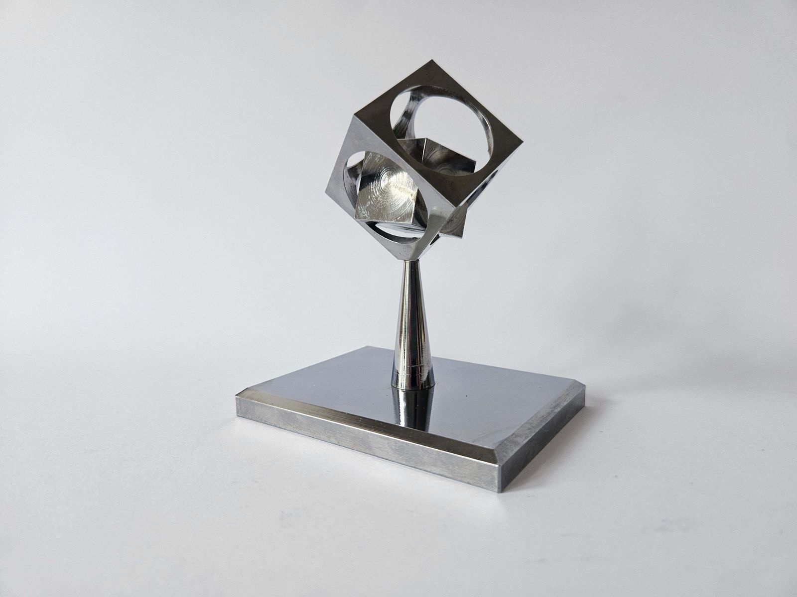 photo furniture Rare Midcentury Chrome Paperweight, Model, Turners Cube, Desk Sculpture, 1970s