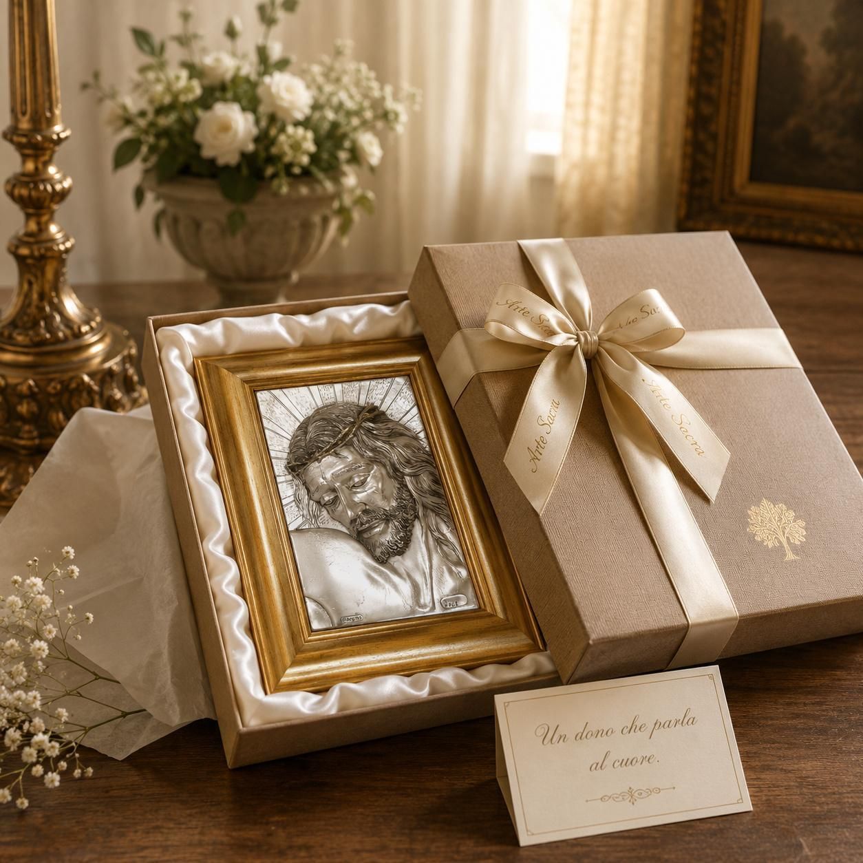 Italiaans Florentijns bas-reliëf uit de jaren 1970, verzilverd met 925 zilver, Christus in een verguld houten lijst photo vintage