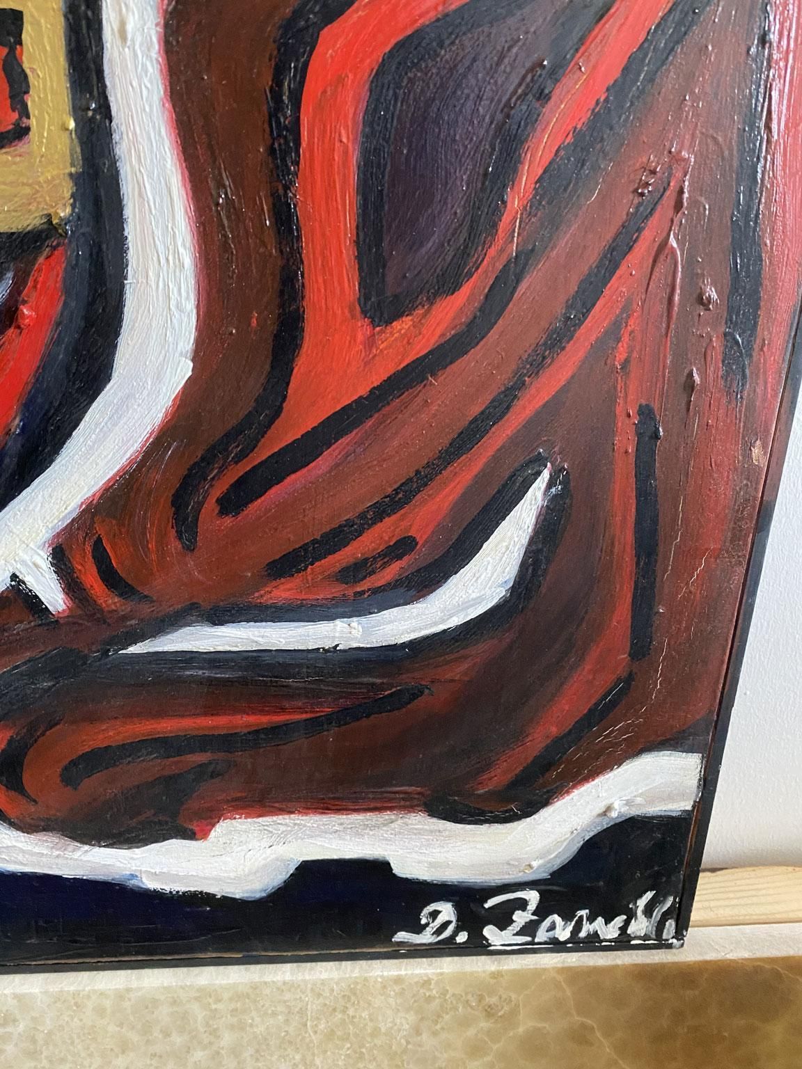 Italiaans postmodern olieverfschilderij op doek met een leeuw in zwart, rood en geel photo buy