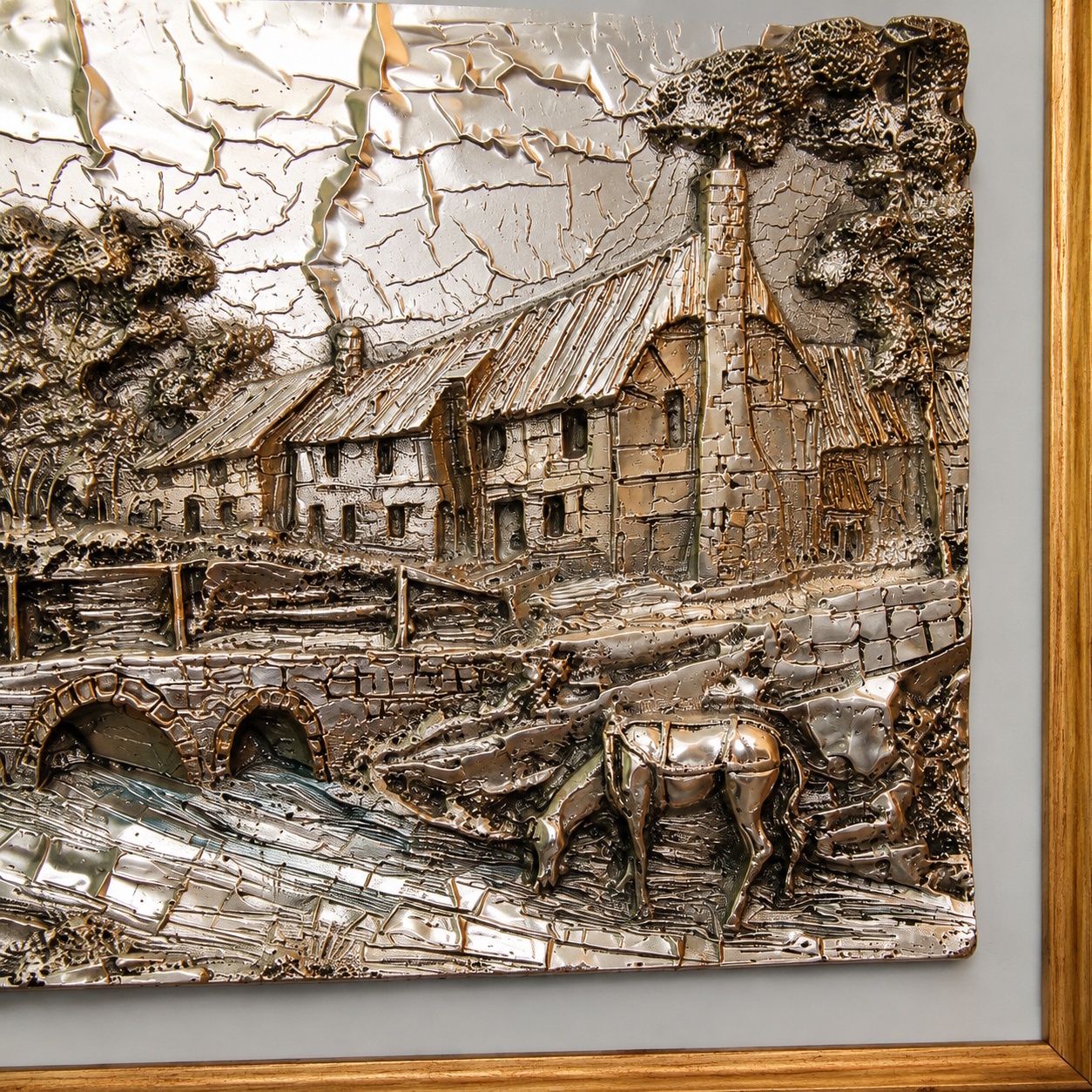 Italian 925 Silver And 24 Karat Gold Plated Bronze High Relief Landscape By Argenteria D’arte Guerrini photo for sale