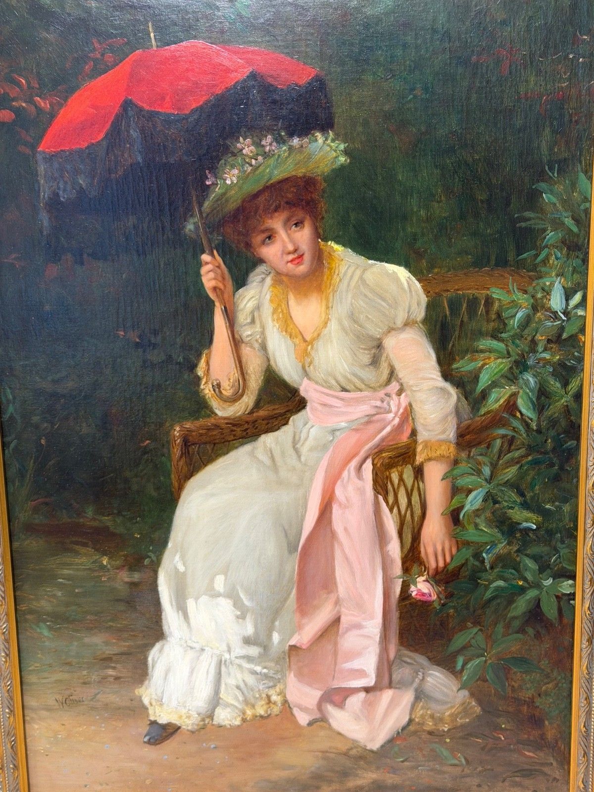 19e-eeuws portret in olieverf, dame met rode parasol, gesigneerd door William Oliver photo furniture