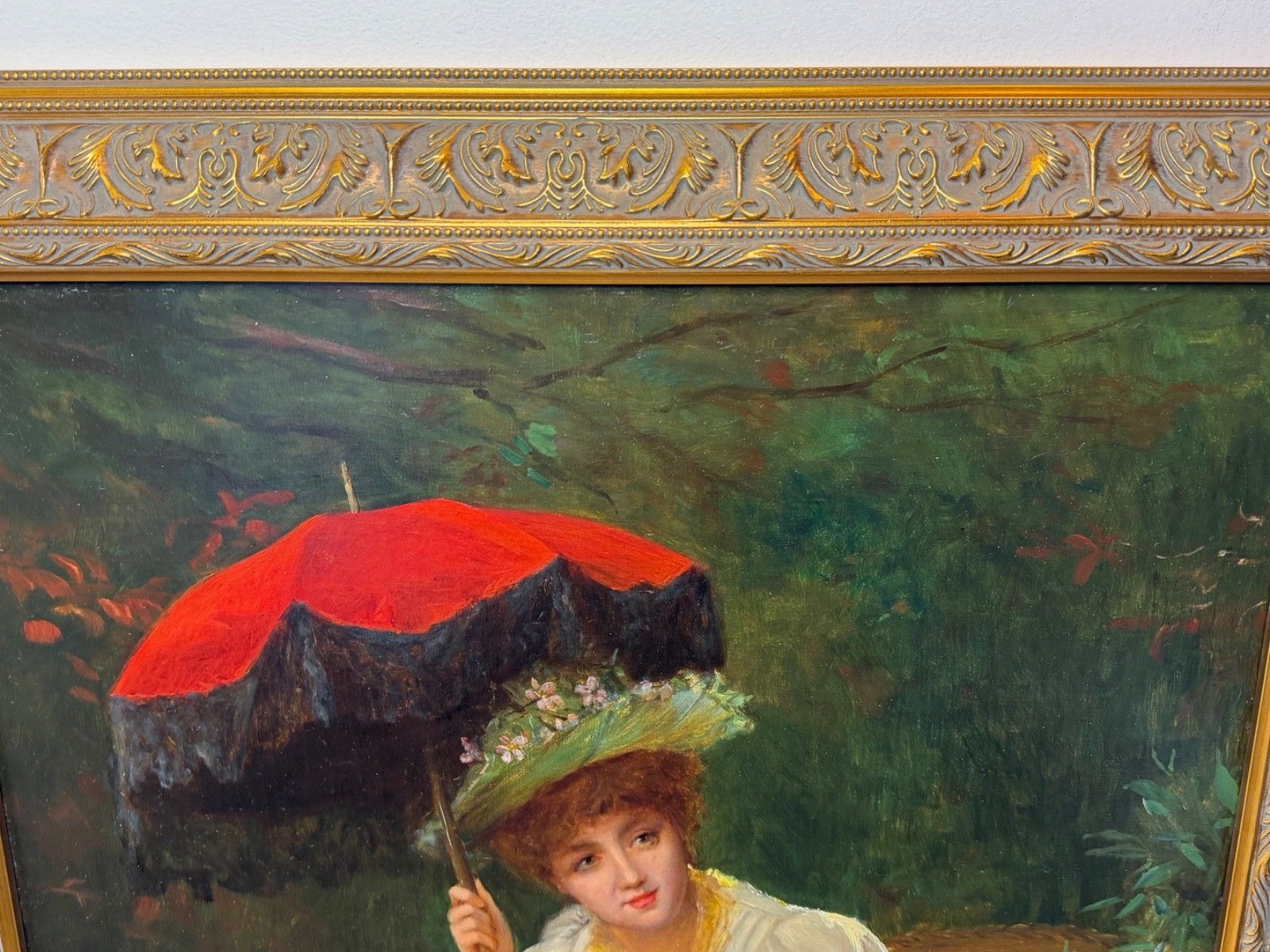 Kunst 19e-eeuws portret in olieverf, dame met rode parasol, gesigneerd door William Oliver photo