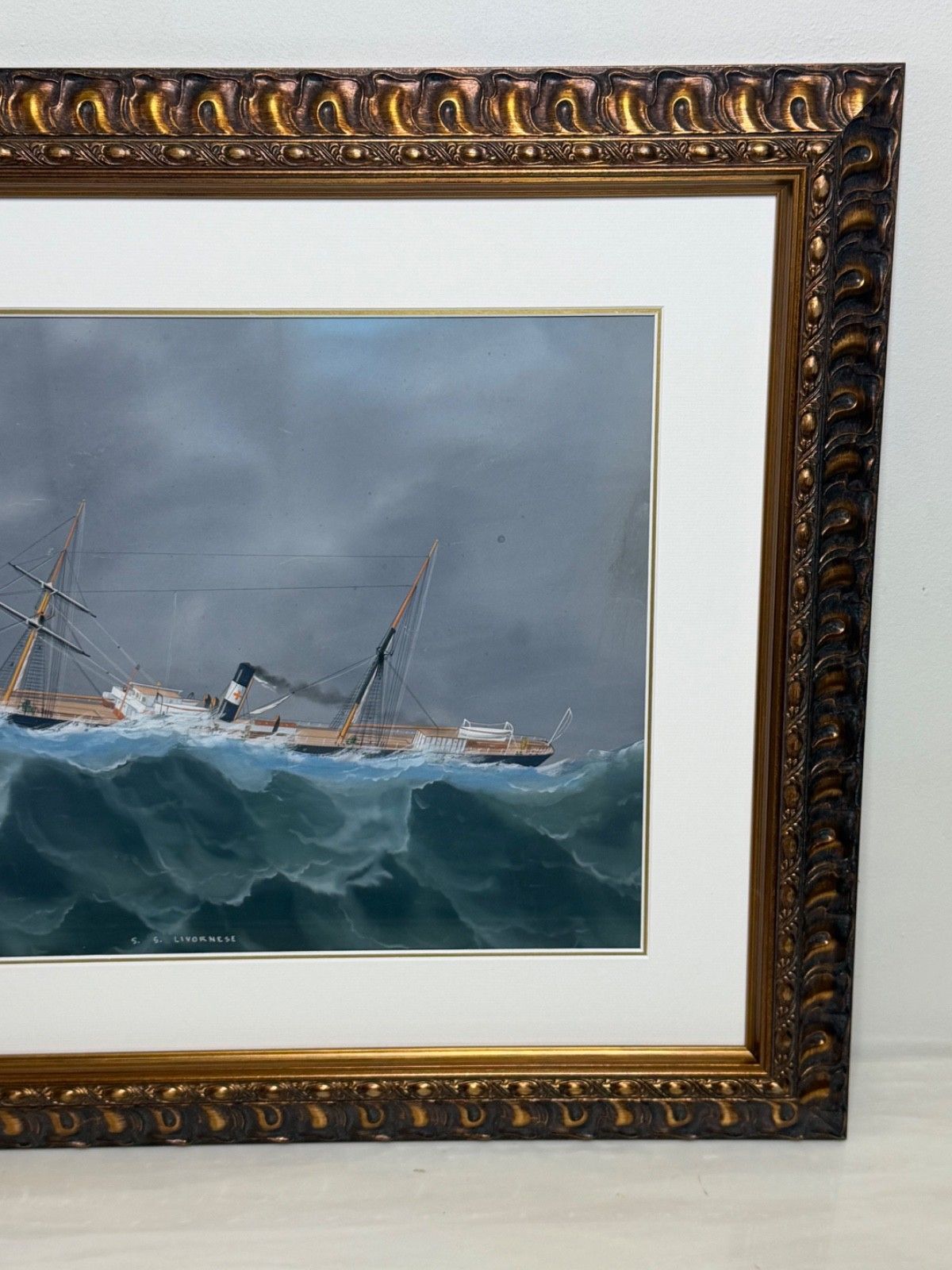 Maritiem schilderij ⚓ S.S. Livornese in zwaar weer, scheepsportret, toegeschreven aan Luca Papaluca photo Kunst