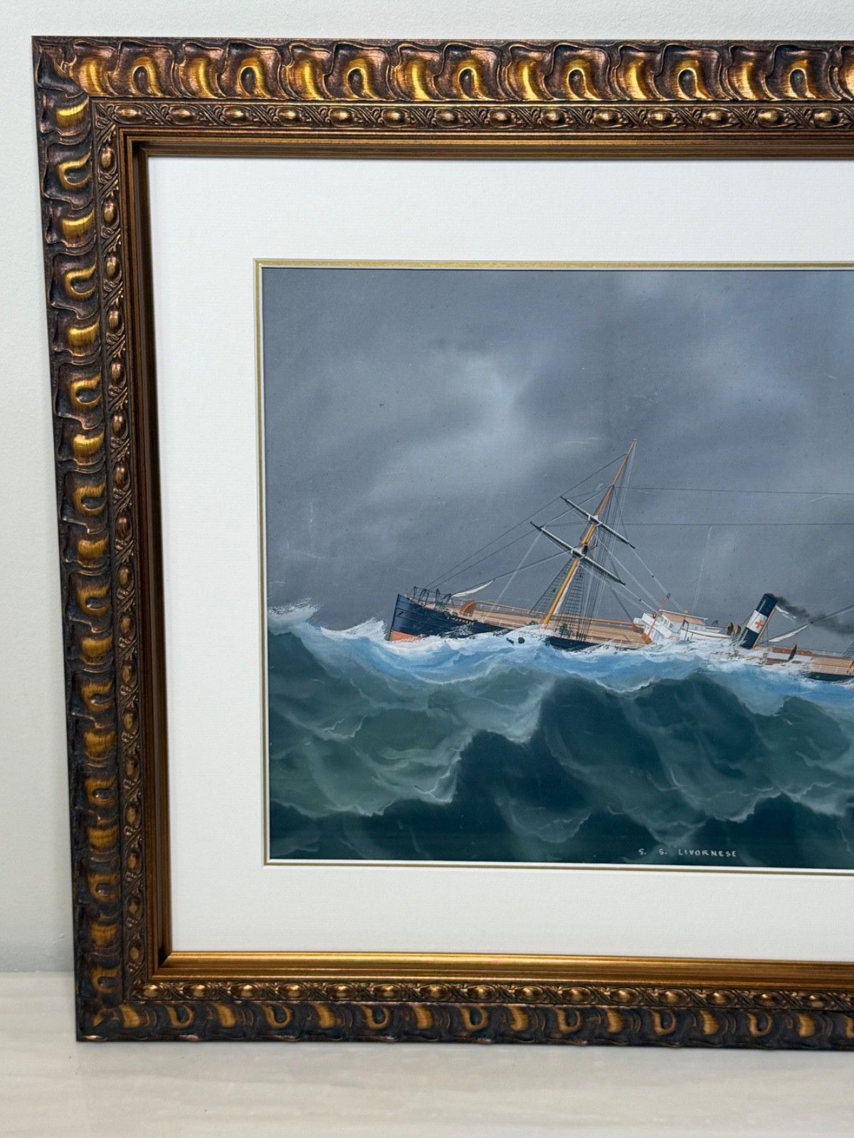 Marine Painting ⚓ S.S. Livornese In Heavy Seas Steam Ship Portrait Attributed To Luca Papaluca photo 4250.0