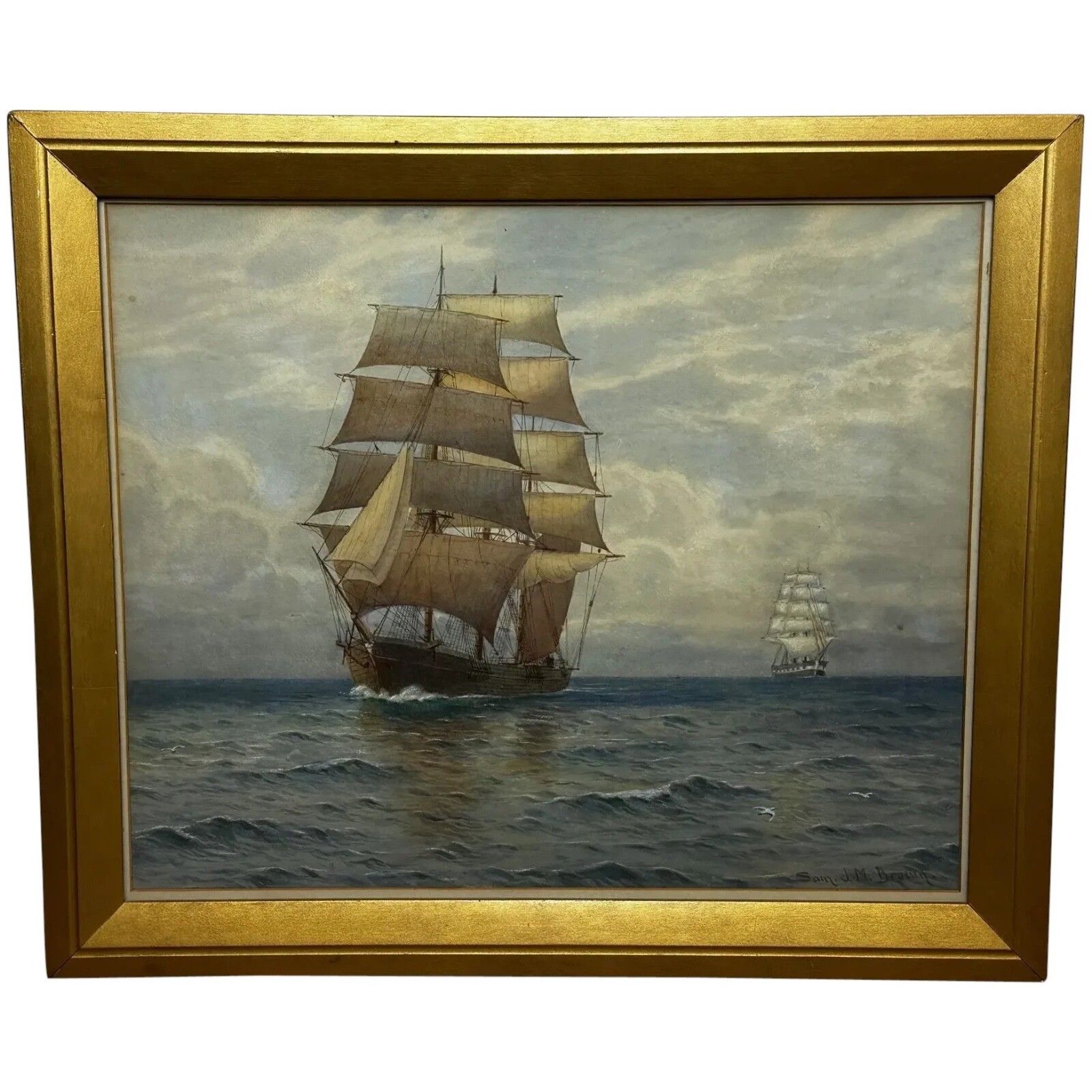 Victorian Marine Watercolour Barque Sailing Ship Signed By Samuel John Milton Brown