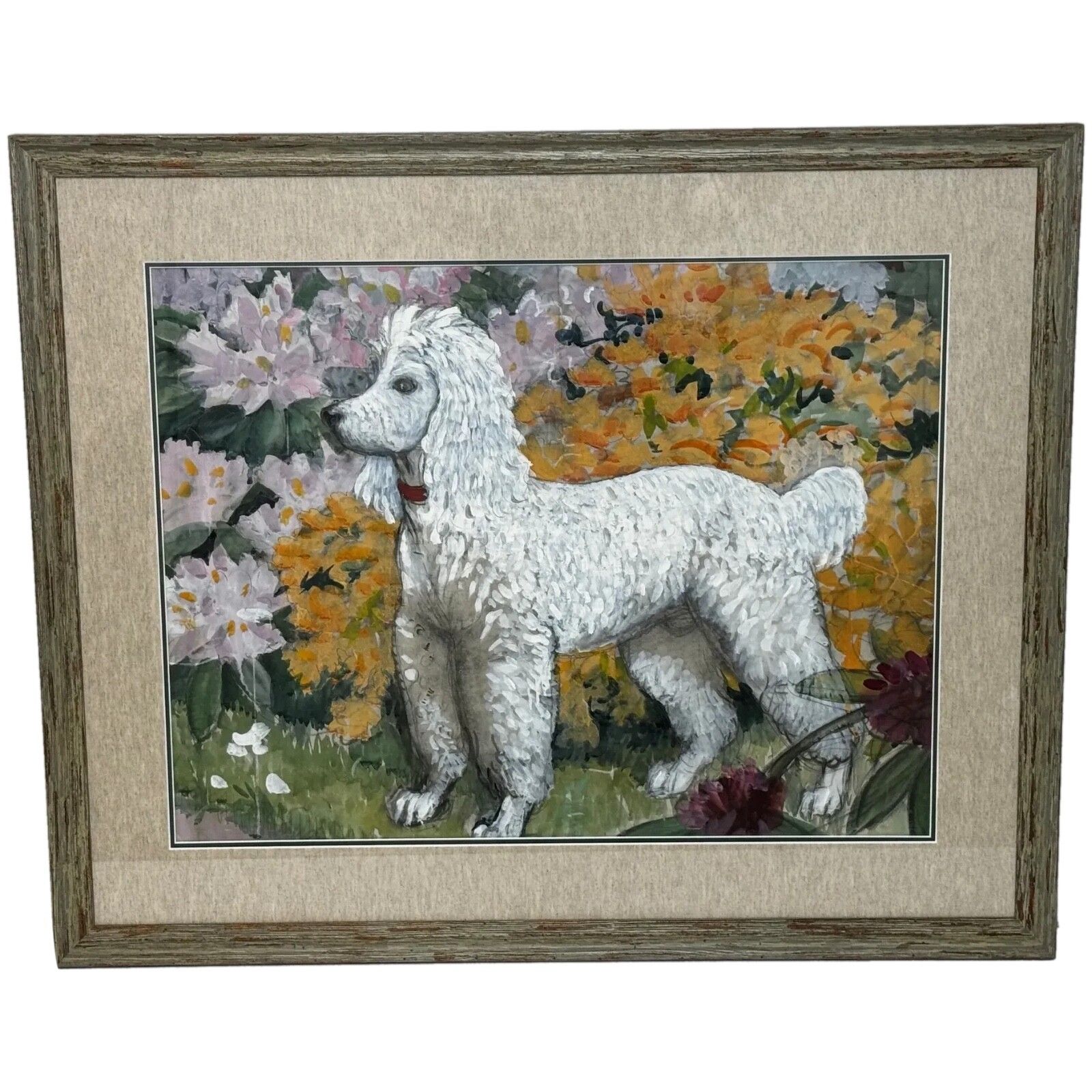 Groot schilderij portret witte poedel hond door Charles Frederick Tunnicliffe