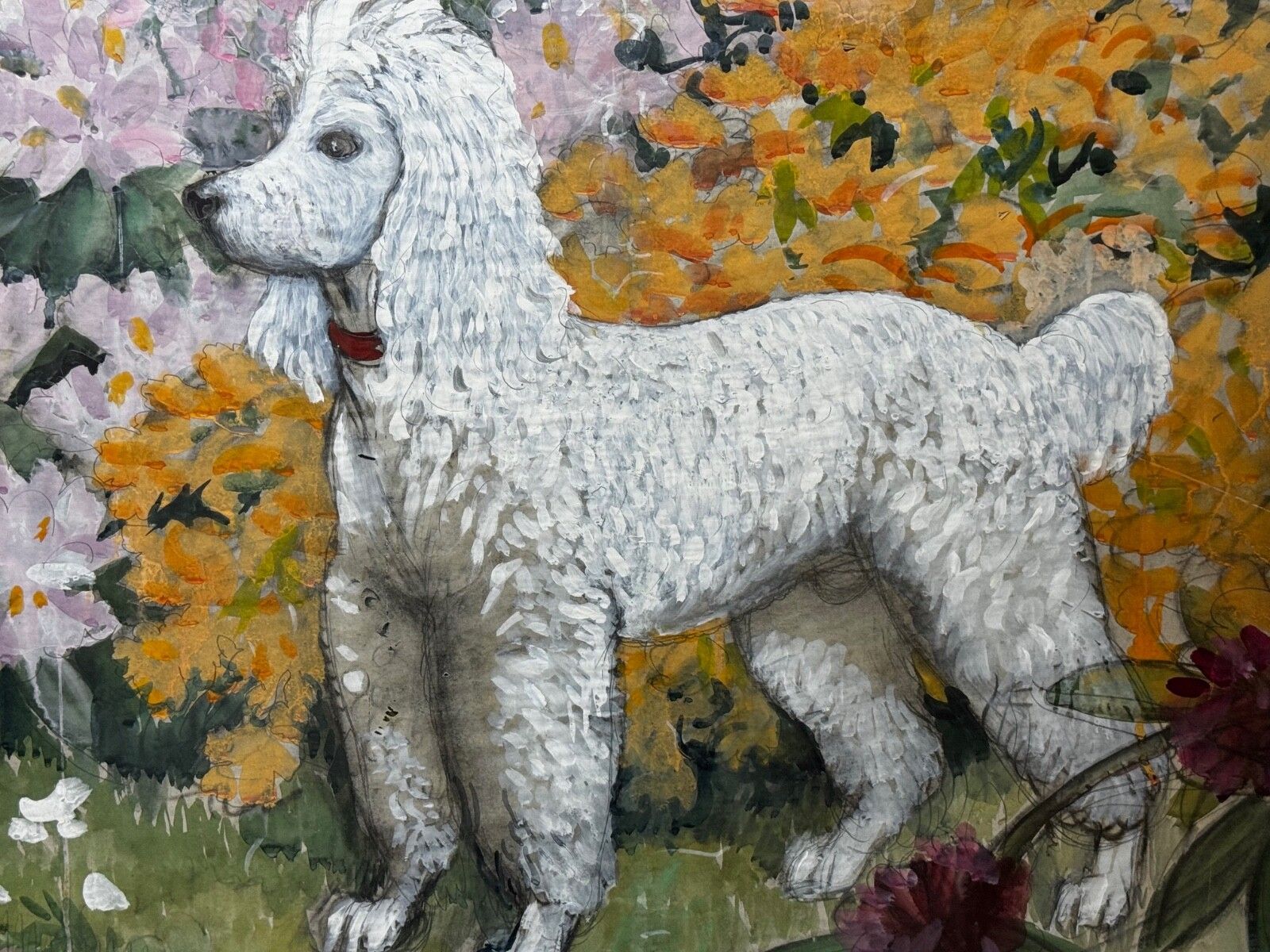Groot schilderij portret witte poedel hond door Charles Frederick Tunnicliffe photo furniture