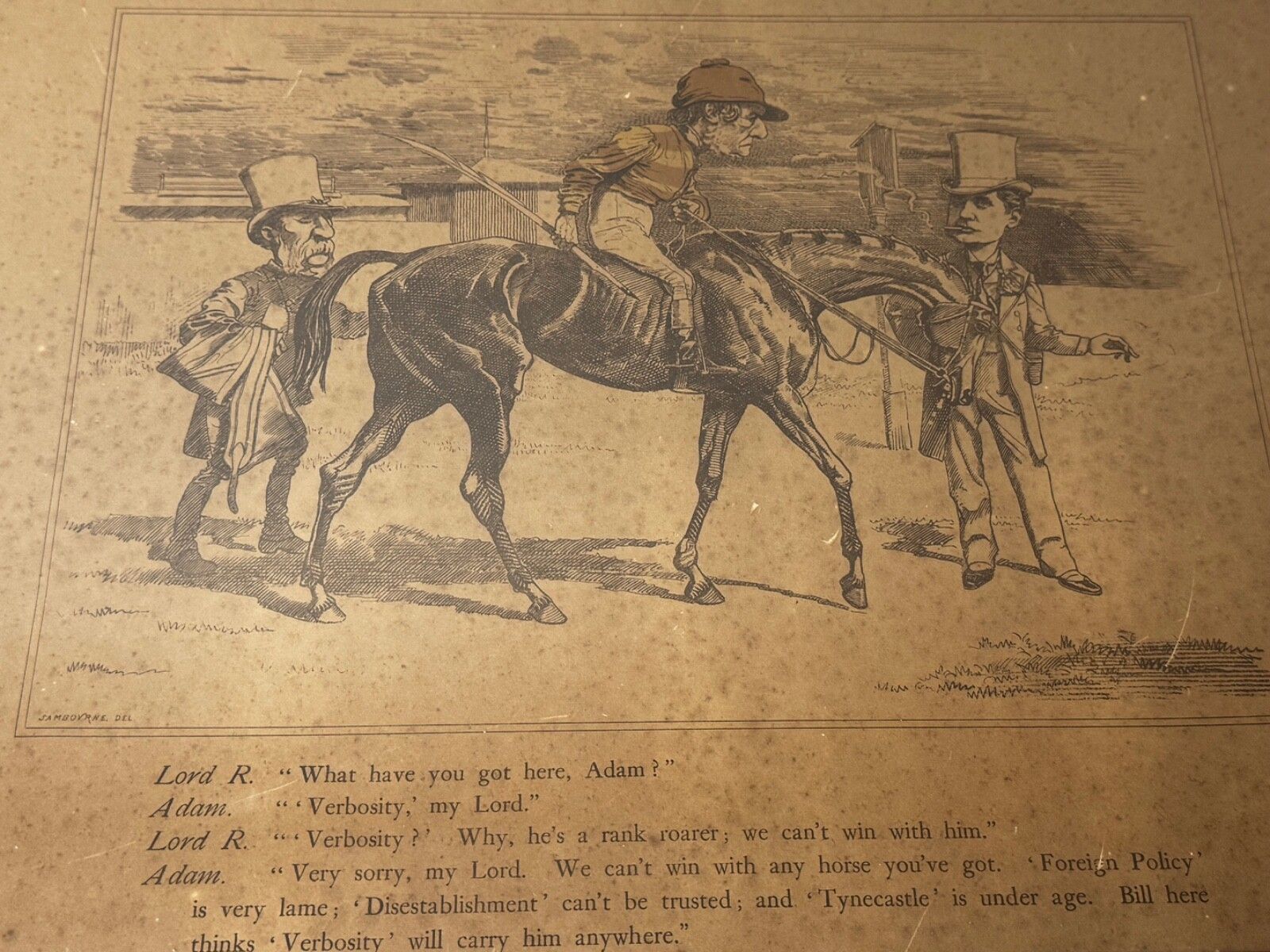 19e-eeuwse politieke prent William Gladstone als jockey van Lord Rosebery op paard Verbosity door Edward Linley Sambourne photo furniture