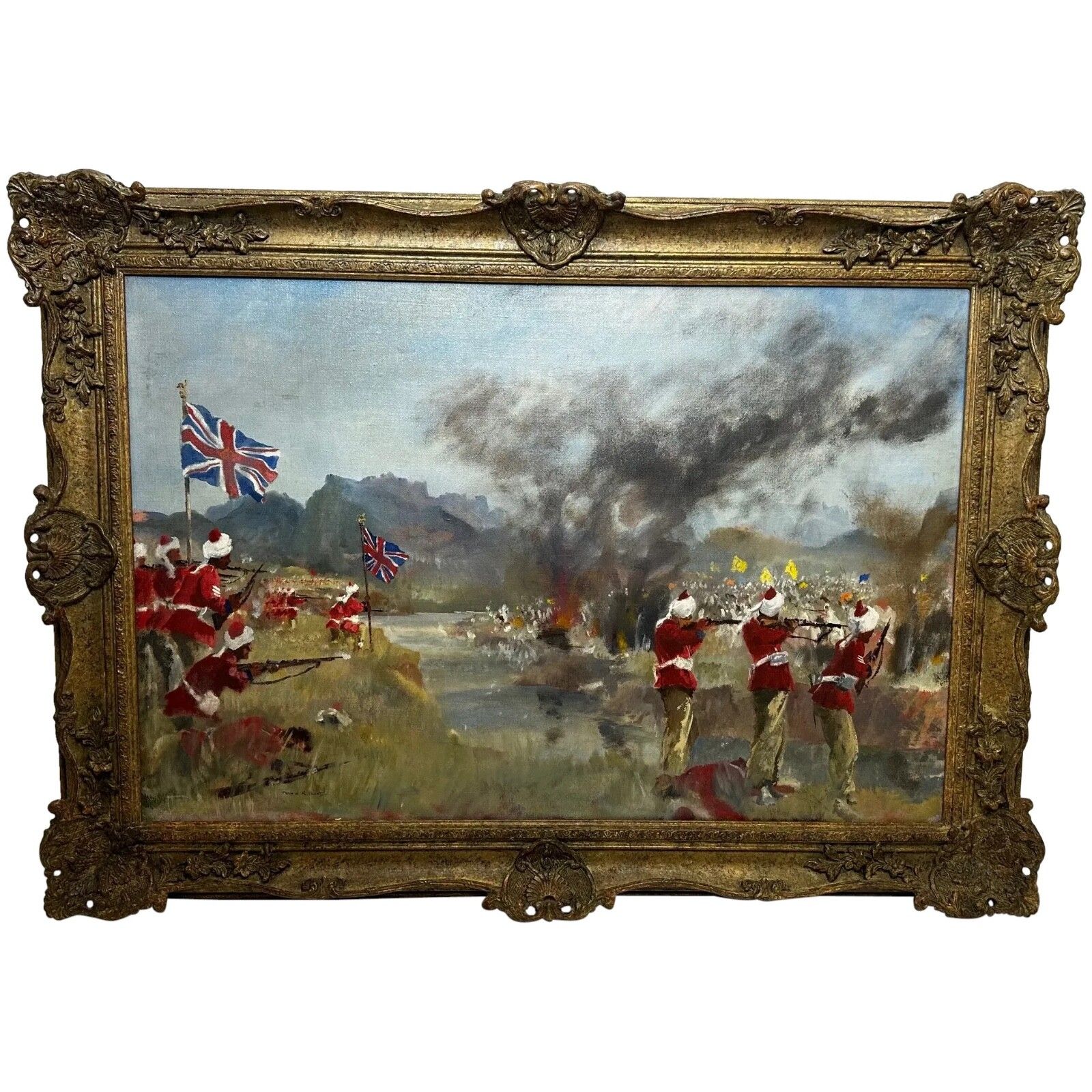 Olieverfschilderij Militaire Slag Kam Dakkha 2e Afghaanse Oorlog Gesigneerd door Francis Russell Flint