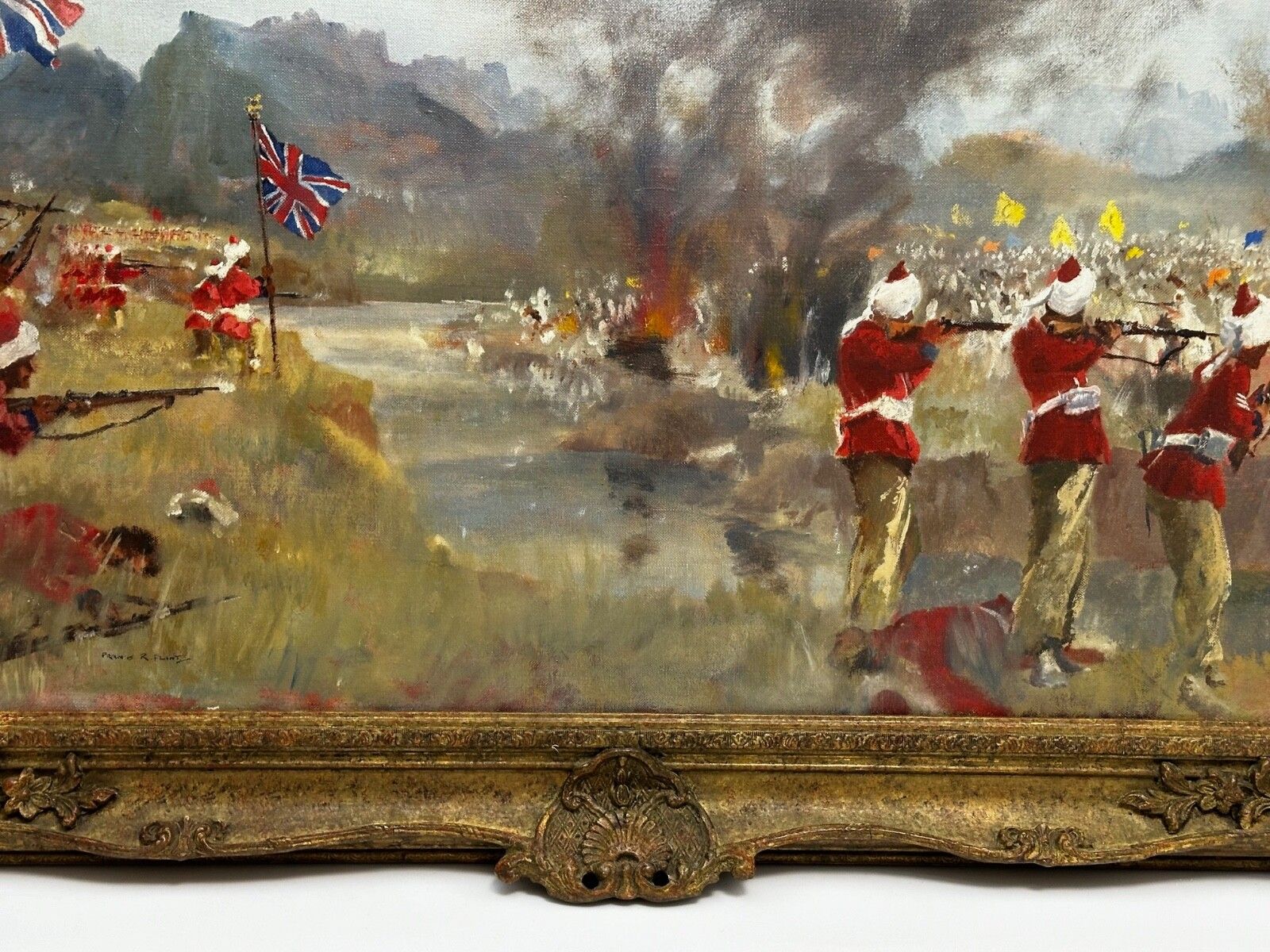 Olieverfschilderij Militaire Slag Kam Dakkha 2e Afghaanse Oorlog Gesigneerd door Francis Russell Flint photo buy