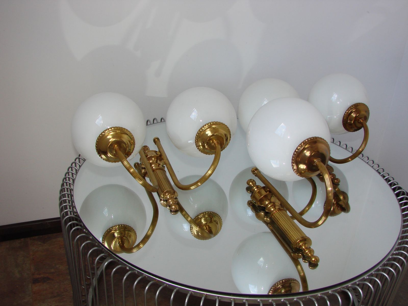 A Set Of 3 Vintage Brass Wall Lights With Frosted Glass Globes, 1960s photo 199.0