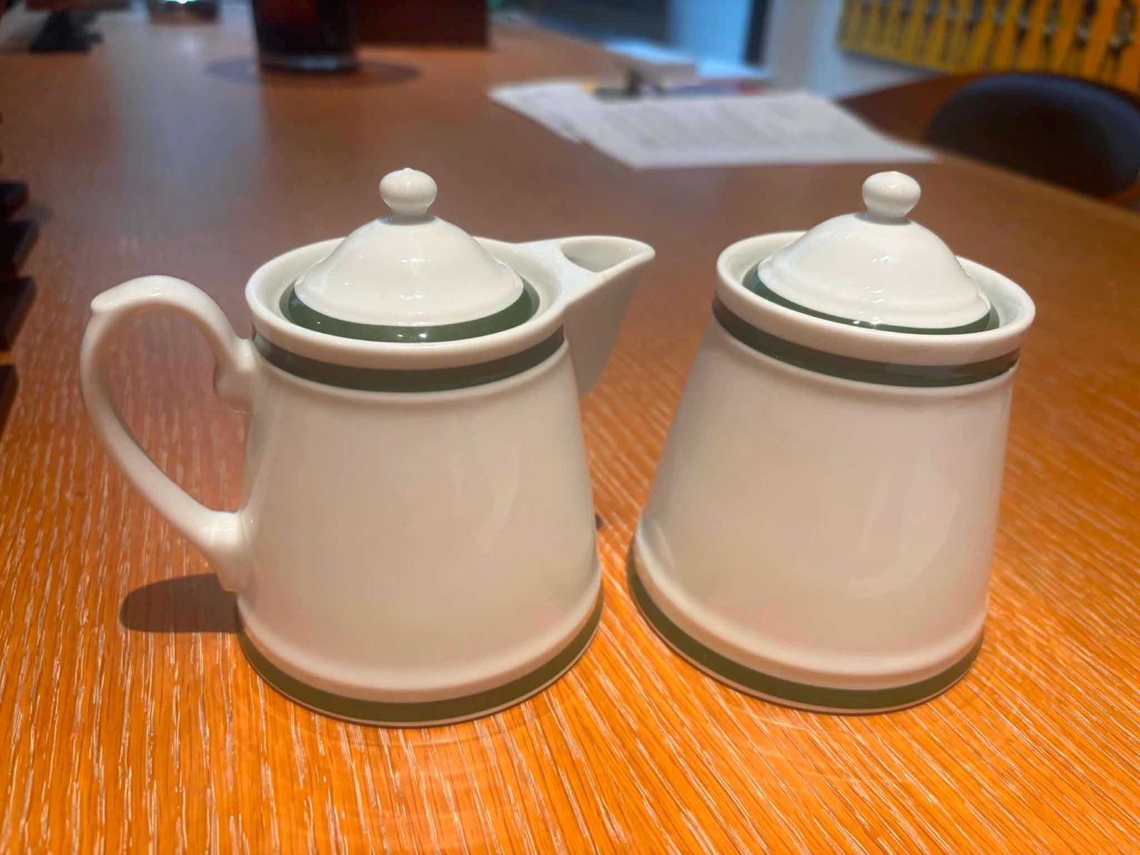 Vintage Williams Sonoma Brasserie Green Creamer And Sugar Bowl Set – Made In Japan, White Porcelain Green Stripe Café Ware photo furniture