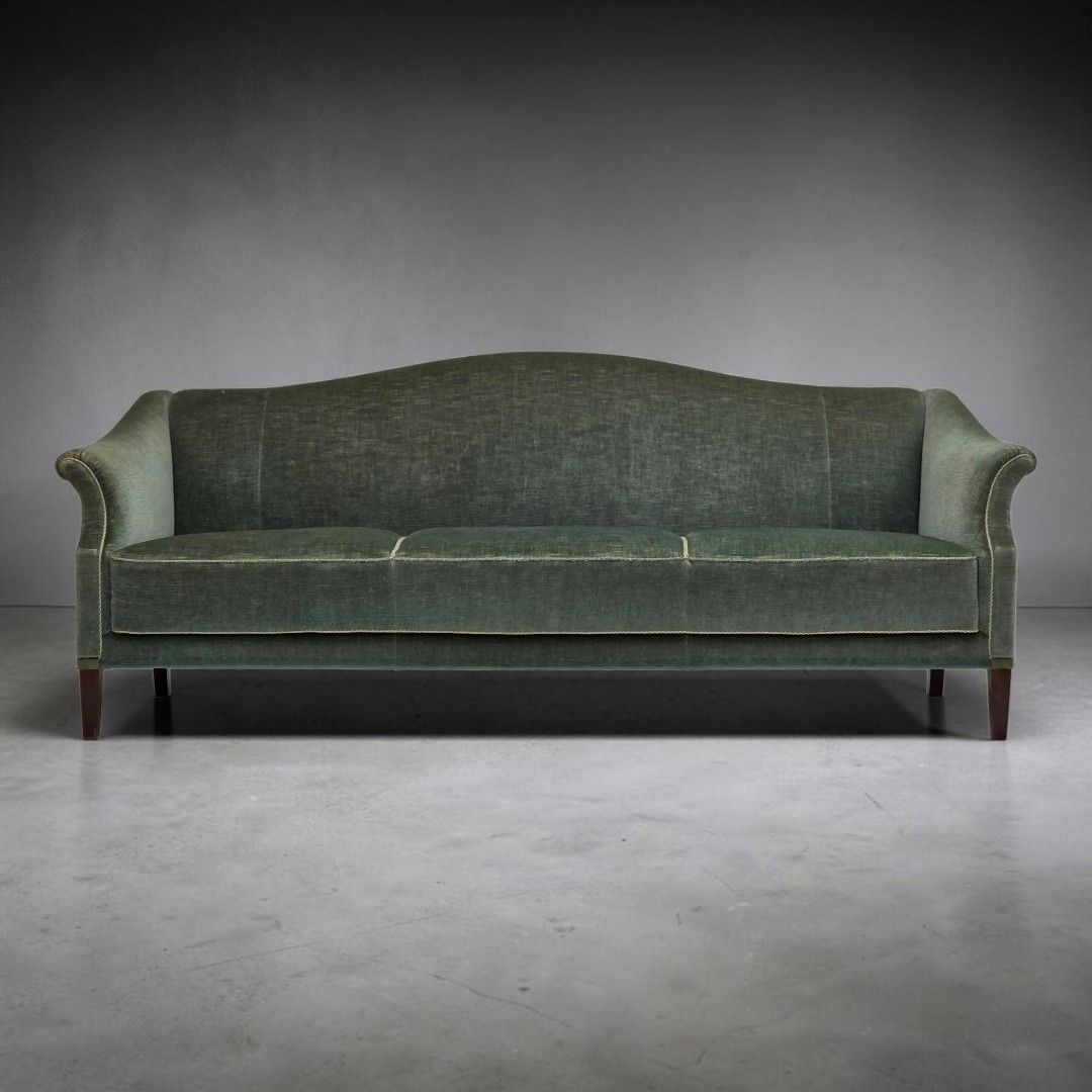 Jaren 1960, 3-zitsbank Deens design, groen meubelvelours.