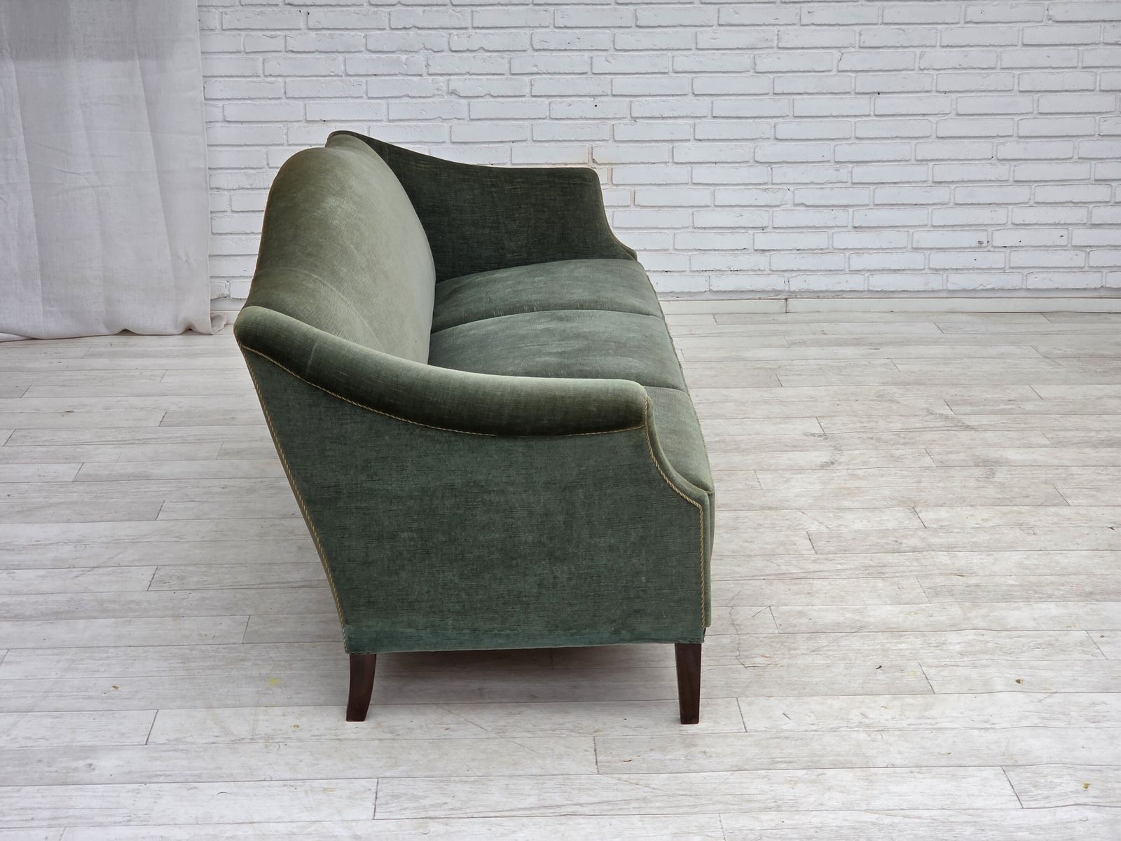 1960s, 3 Seater Danish Sofa, Green Furniture Velour. photo vintage