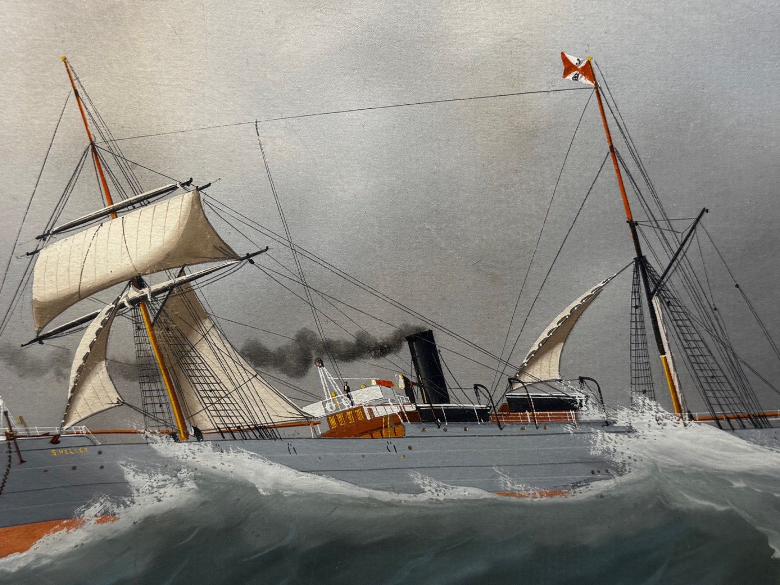 photo vintage Begin 20e eeuw Napolitaans havenportret, marineschilderij S.S. Shelley stoomschip op woelige zee, toegeschreven aan Luca Papaluca
