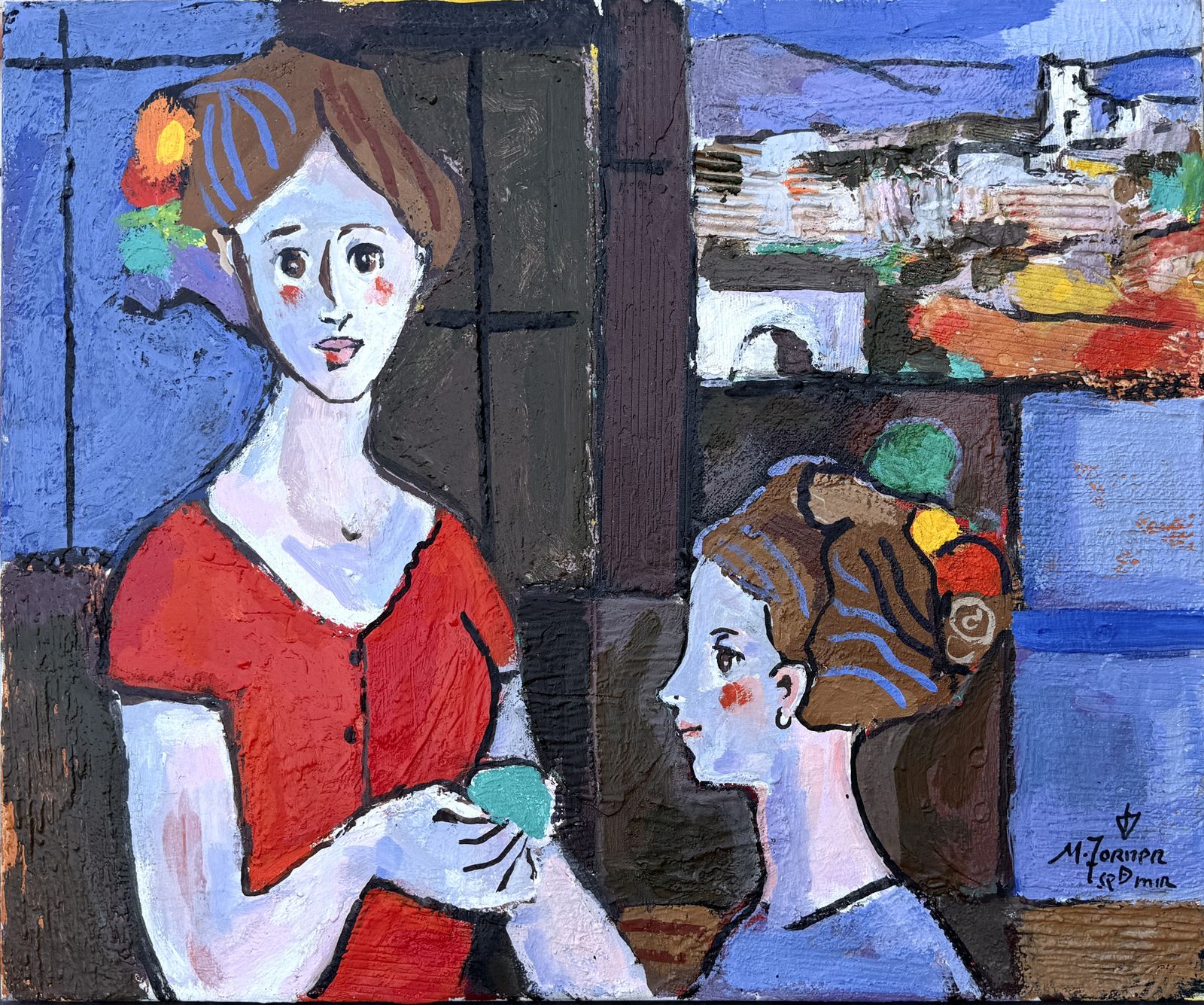 Miquel Torner De Semir Kleurrijk Modernistisch Portret Van Twee Vrouwen In Een Mediterraan Interieur Olieverf Op Doek Jaren 1990