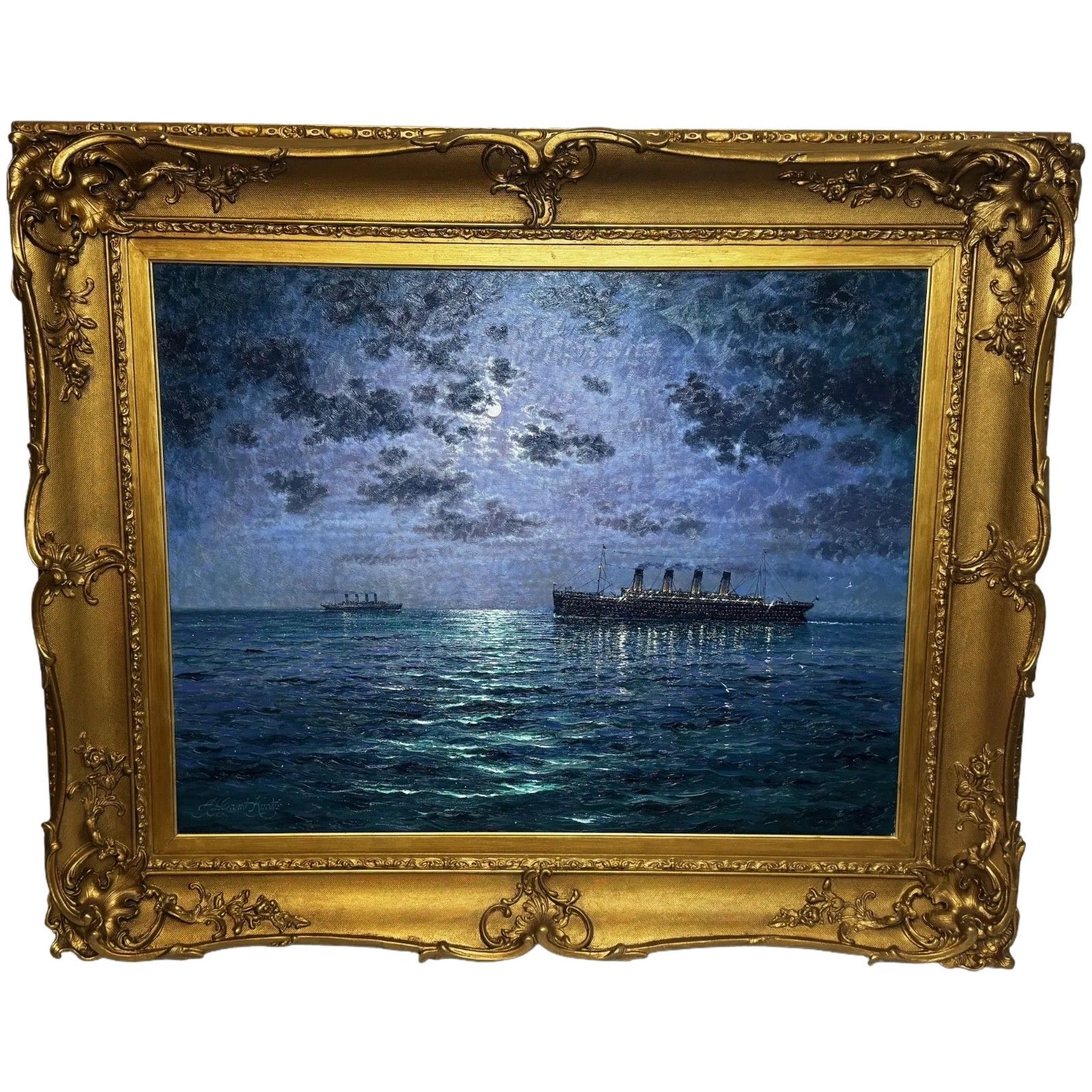 Large Oil Painting Ships That Pass In The Night Rms Titanic Under Nocturnal Moon With Rms Olympic
