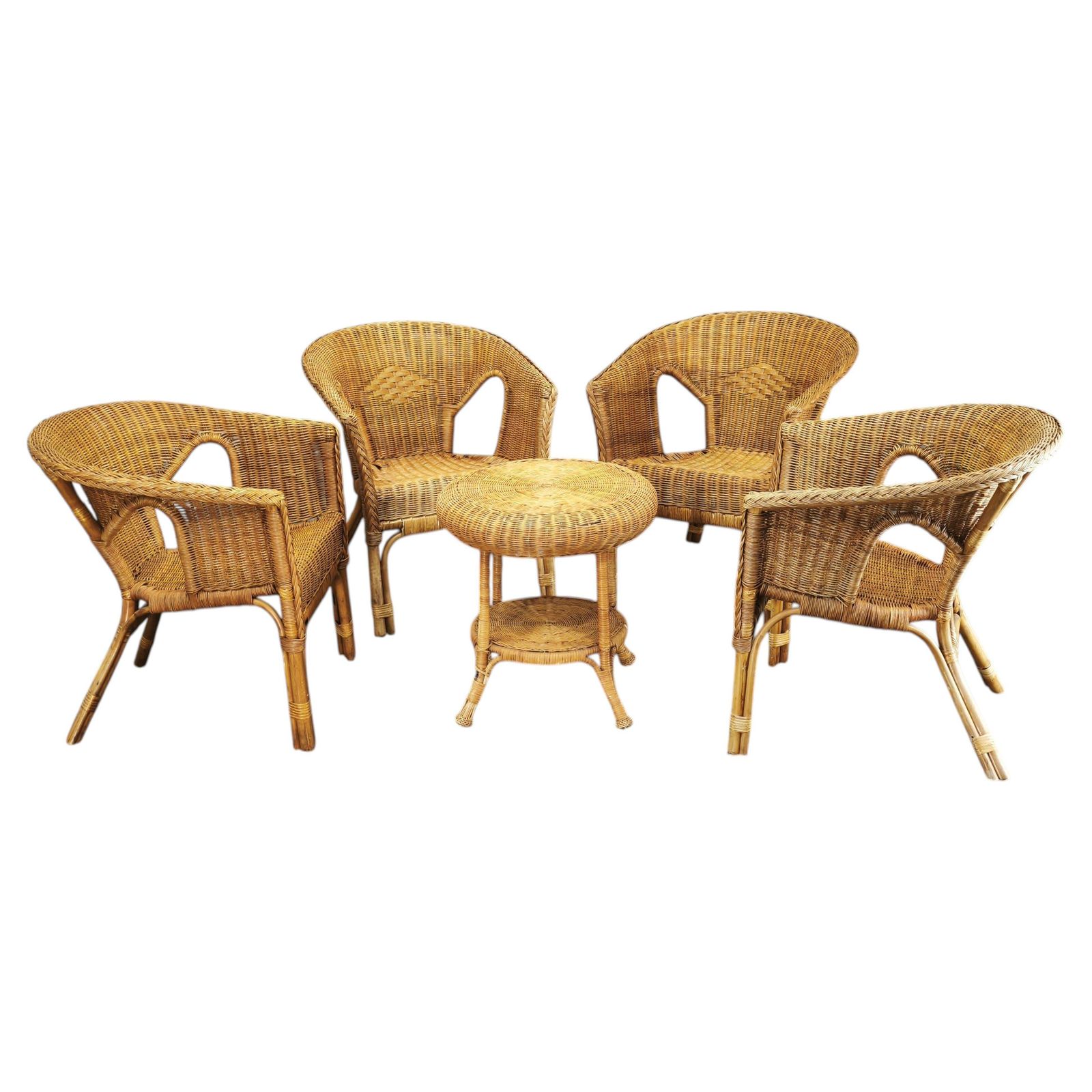 1950s Italian Rattan And Wicker Lounge Set, Four Armchairs And Table